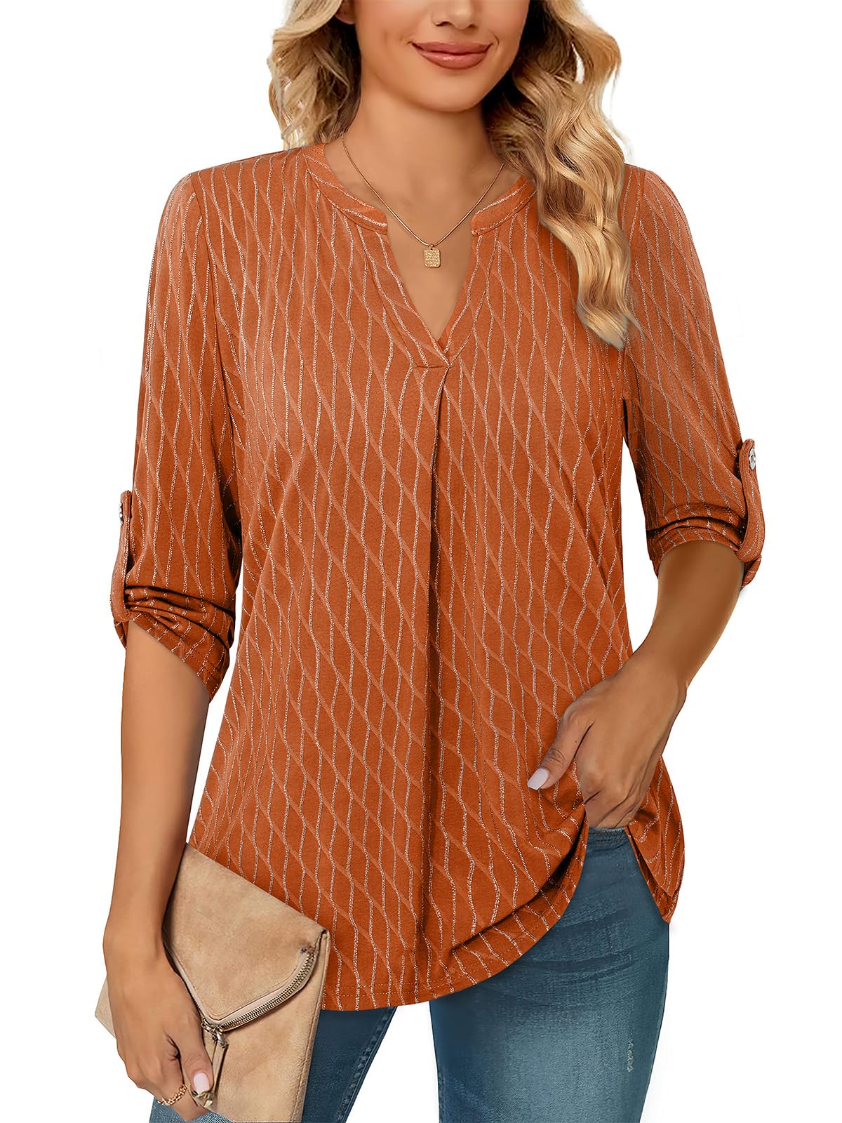 Siddhe Damen V-Ausschnitt Bluse 3/4 Ärmel Oberteile Tunika Tops Locker Longshirt Lässige T-Shirt Langarm Hemd