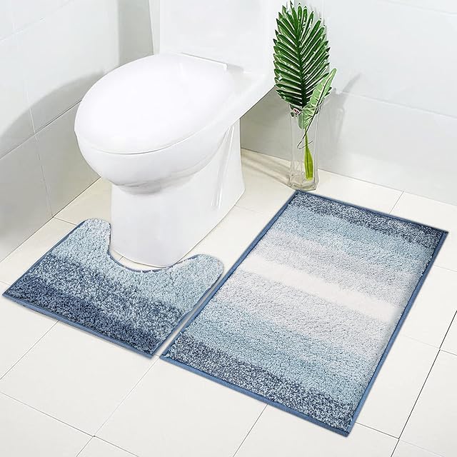 McEu Bath Mat Set,2 Piece Bath Mat- 50x80cm Bathroom Mat and 50x50cm U Shape Toilet Rug with Non Slip Adhesive Bottom, bathroom mat sets for Floor Tub Shower Bedroom,Machine Washable - Blue&White