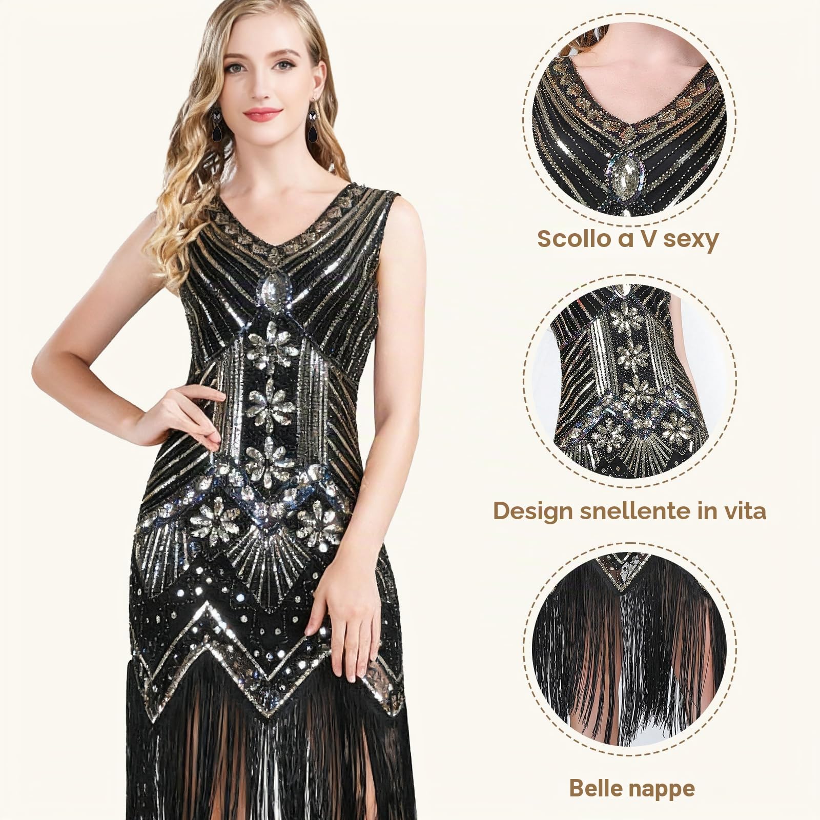 FEPITO Abiti flapper anni '20 per donna, abito con frange e paillettes Grande Gatsby per donna con accessori anni '20, costumi ruggenti anni '20