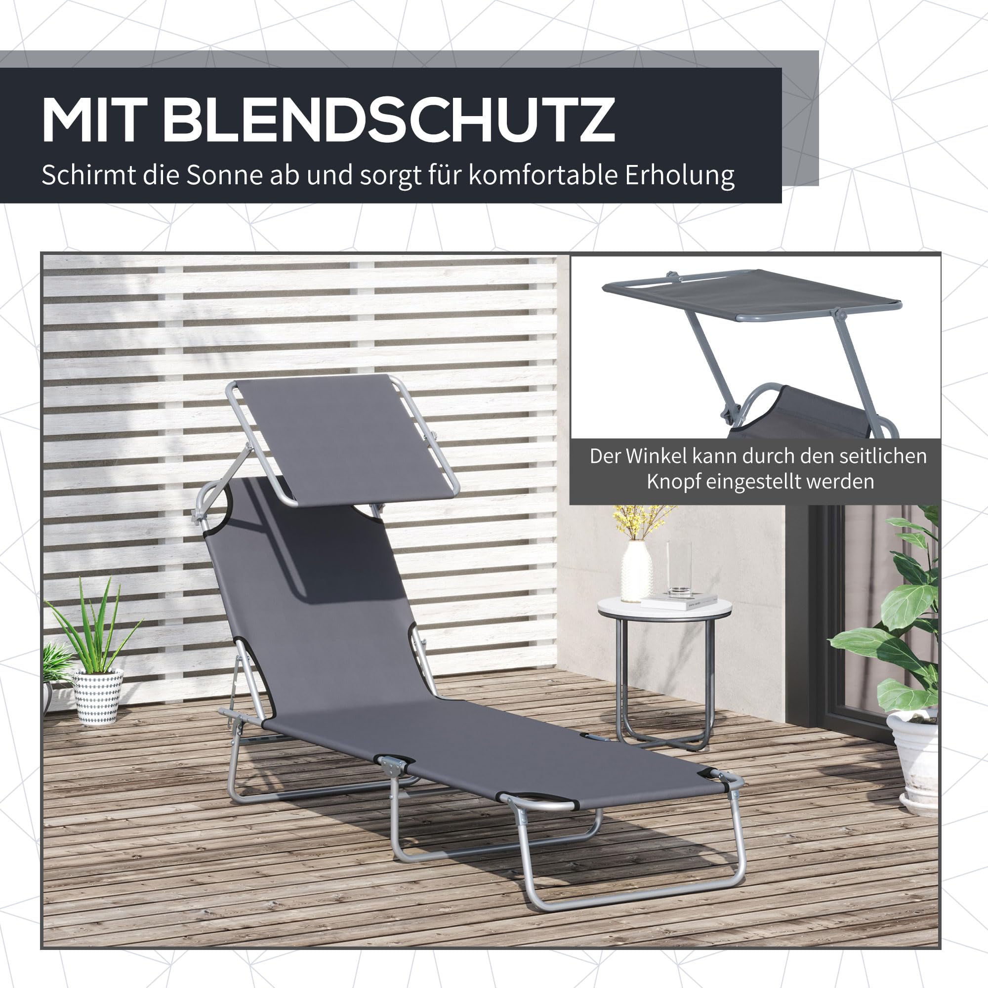 Outsunny Sonnenliege klappbar Gartenliege mit Dach, Liegestuhl mit 4-Fach verstellbare Rückenlehne, wetterfeste Campingliege bis 120 kg belastbar, für Garten Strand Pool, Grau