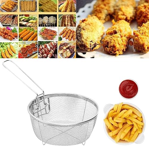 Miniatura 3 de Cesta de acero inoxidable para freír profunda con asa, cesta redonda de alambre para freír, cesta redonda de malla de alambre con mango de acero