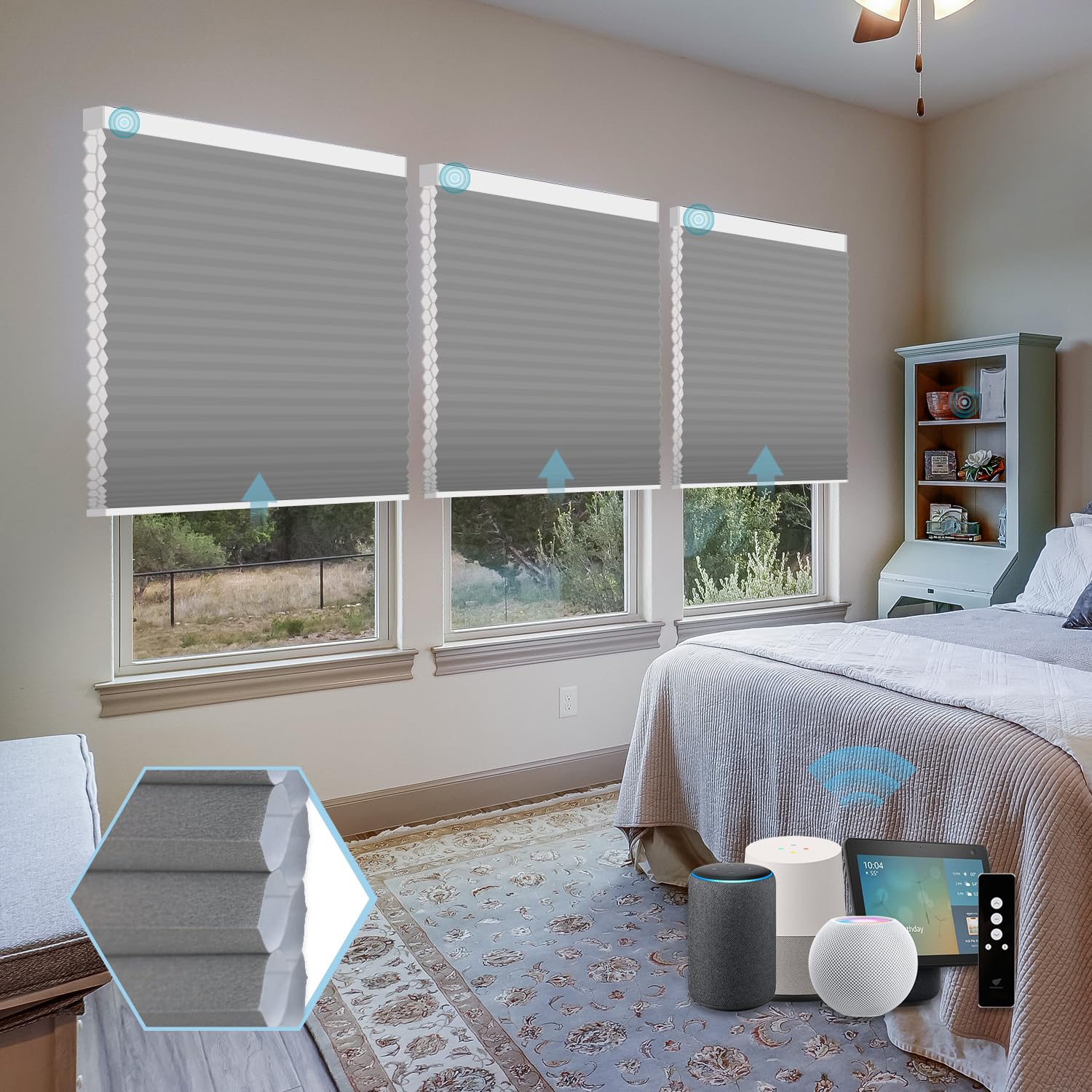 SmartWings Motorized Cellular Shades with Remote, Customized Electric Cordles Honeycomb Blinds Compatible with Alexa/Homekit/Google for Windows, 100%