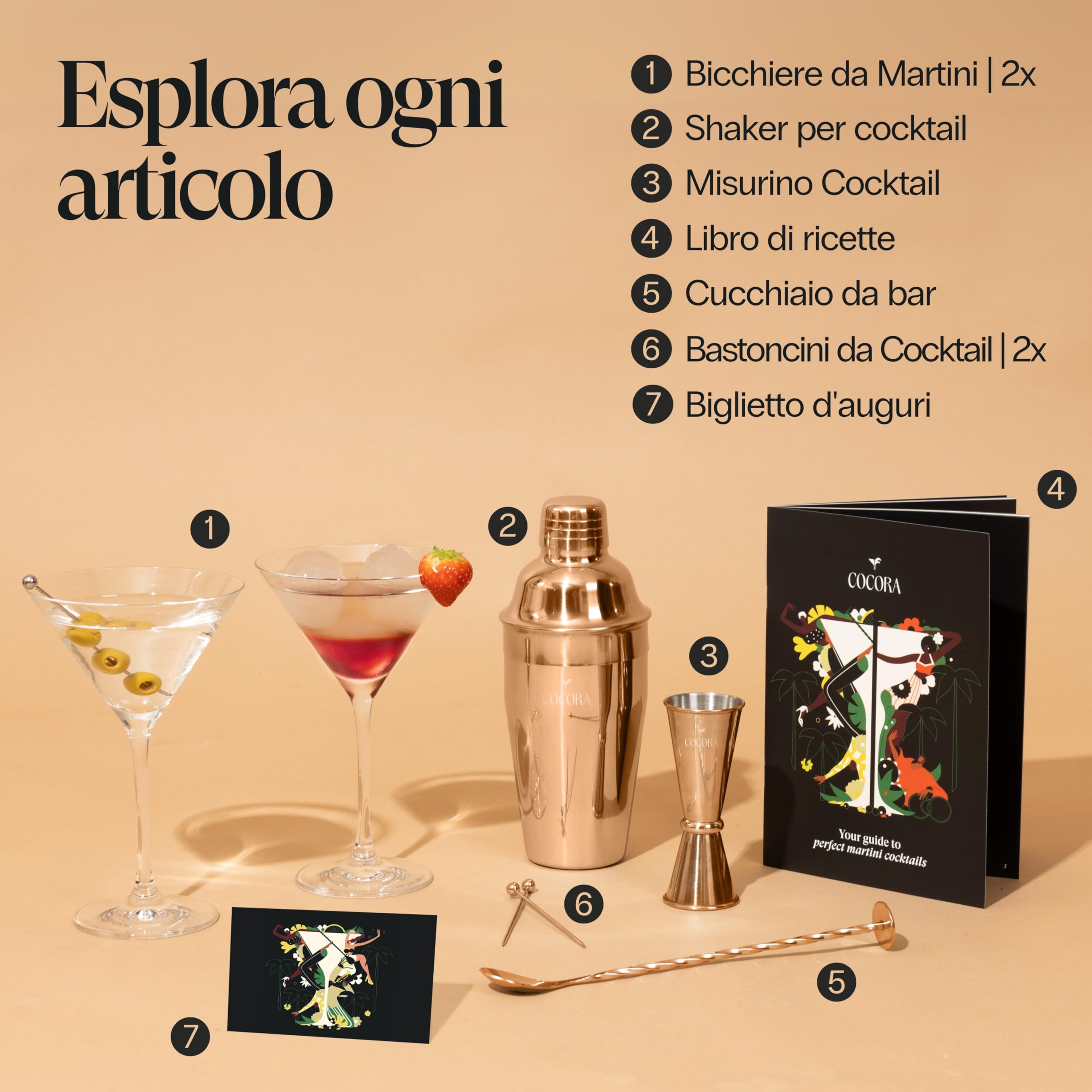 Cocora Martini Cocktail Set Regalo | Set Barman da 8 Pezzi | Kit Cocktail | Shaker Cocktail | Dosatore Cocktail | Bicchieri Cocktail | Cucchiaio Cocktail | Idea Regalo | Eco Friendly (Rose)