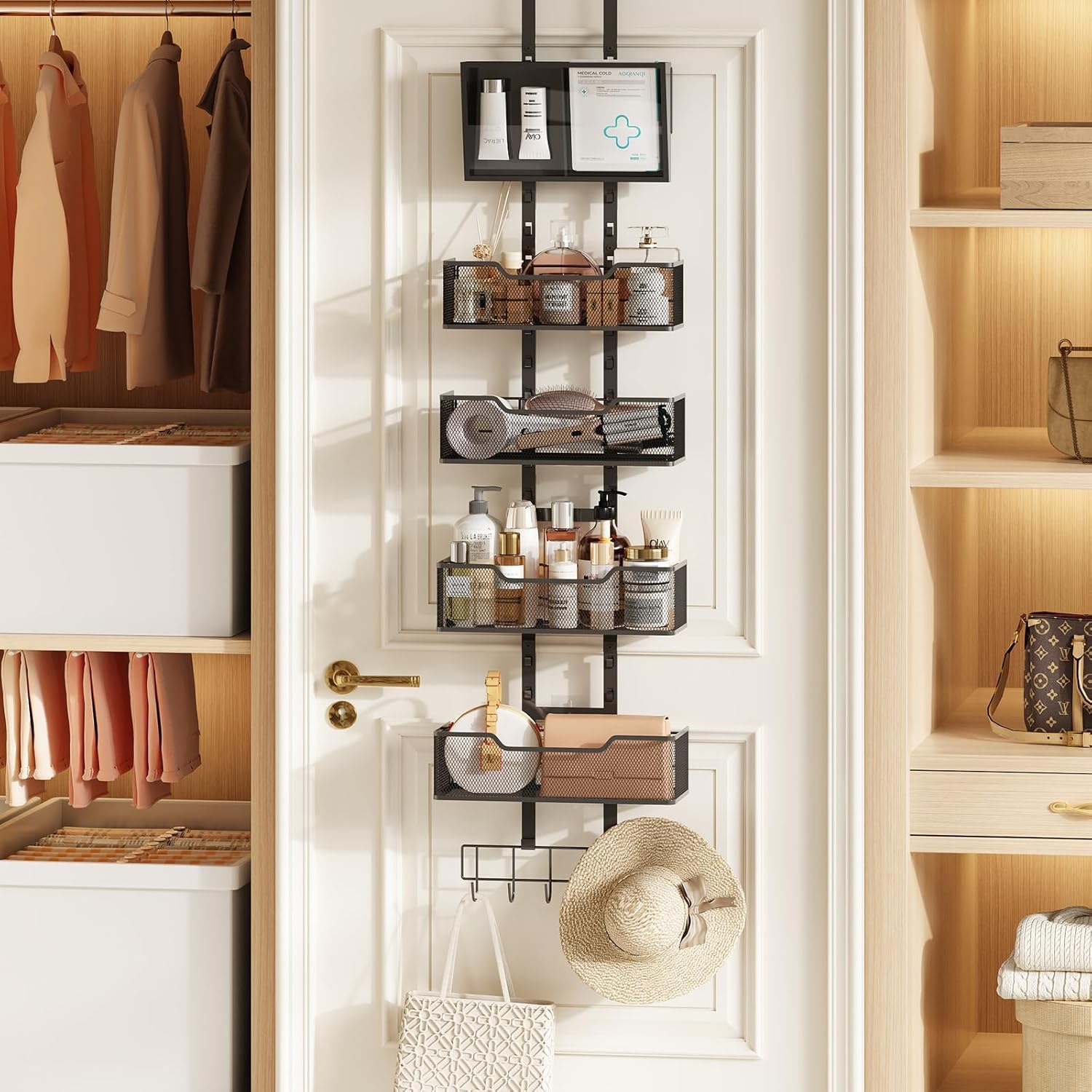 Adjustable Over The Door Organizer, Closet Door Organizer Heavy Duty Hanging Door Storage with 4 Metal Baskets and PVC Pocket, Behind Organizer for Bathroom Closet Bedroom Cabinet, Black Adjustable Over The Door Organizer, Closet Door Organizer Heavy Duty Hanging Door Storage with 4 Metal Baskets and PVC Pocket, Behind Organizer for Bathroom Closet Bedroom Cabinet, Black