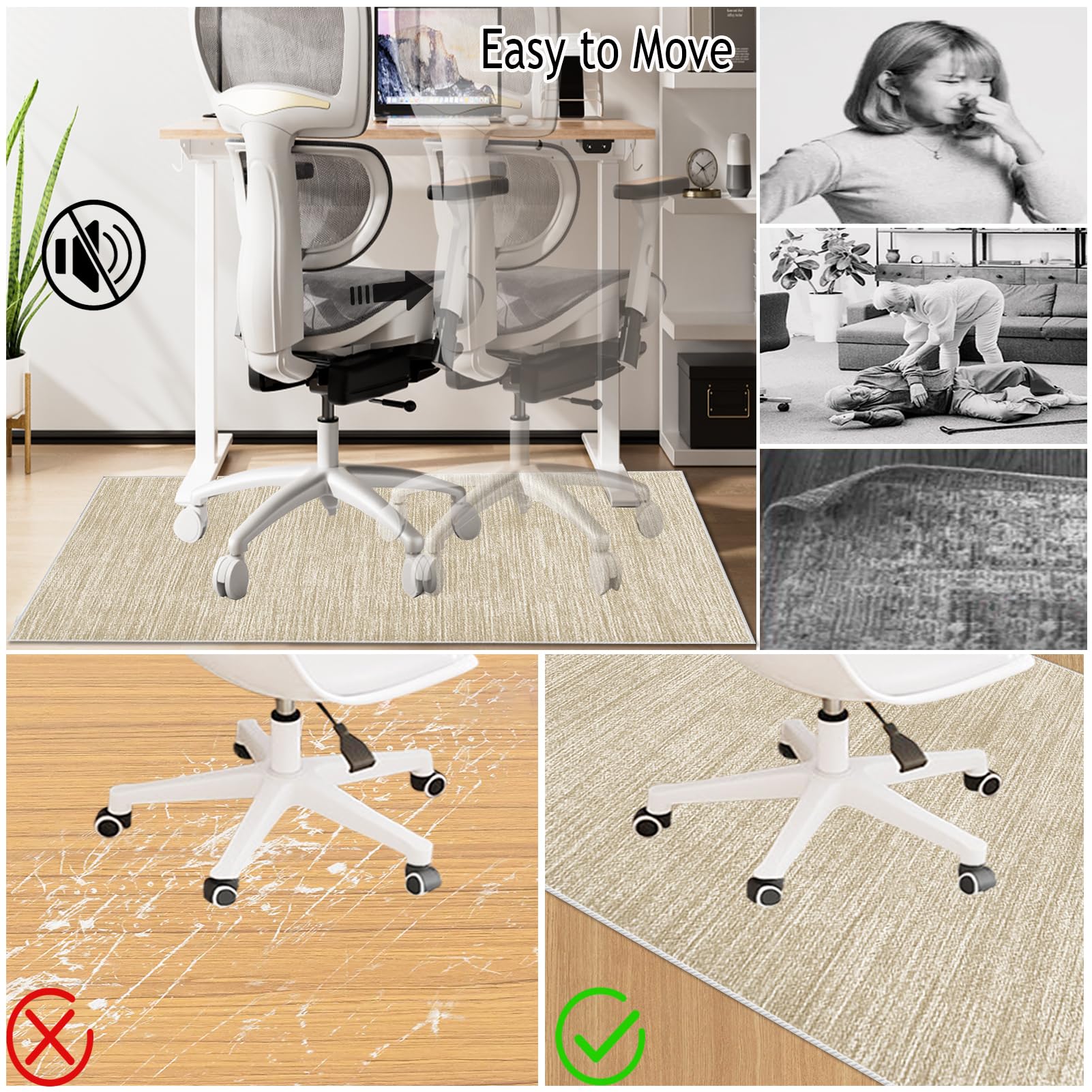 Tapis Chaise de Bureau Gaming 150 x 160 cm, Tapis de Protection en Carrelage, Tapis de Sol Bureau Tissu Tapis Chaise Gaming Antidérapant Tapis Protège-Sol pour Chaise Tapis pour Fauteuil Beige