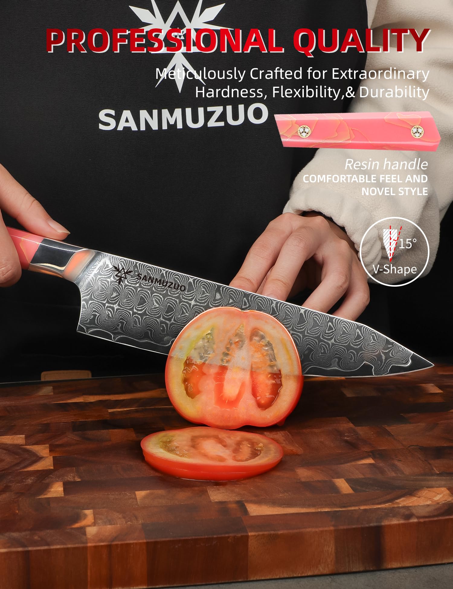 Cuchillo de chef de 20 cm, cuchillo de cocina profesional, acero de Damasco ultraafilado con mango de resina de espiga completa, serie Sheng