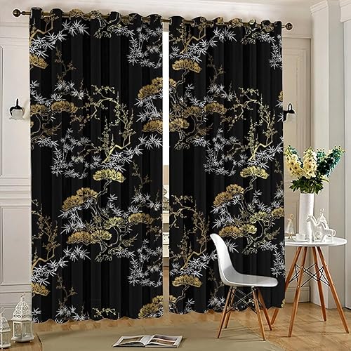 Miniatura 5 de Cortinas opacas japonesas modernas para sala de estar, diseño de pino chino japonés negro y dorado, cortinas de oscurecimiento de habitación con