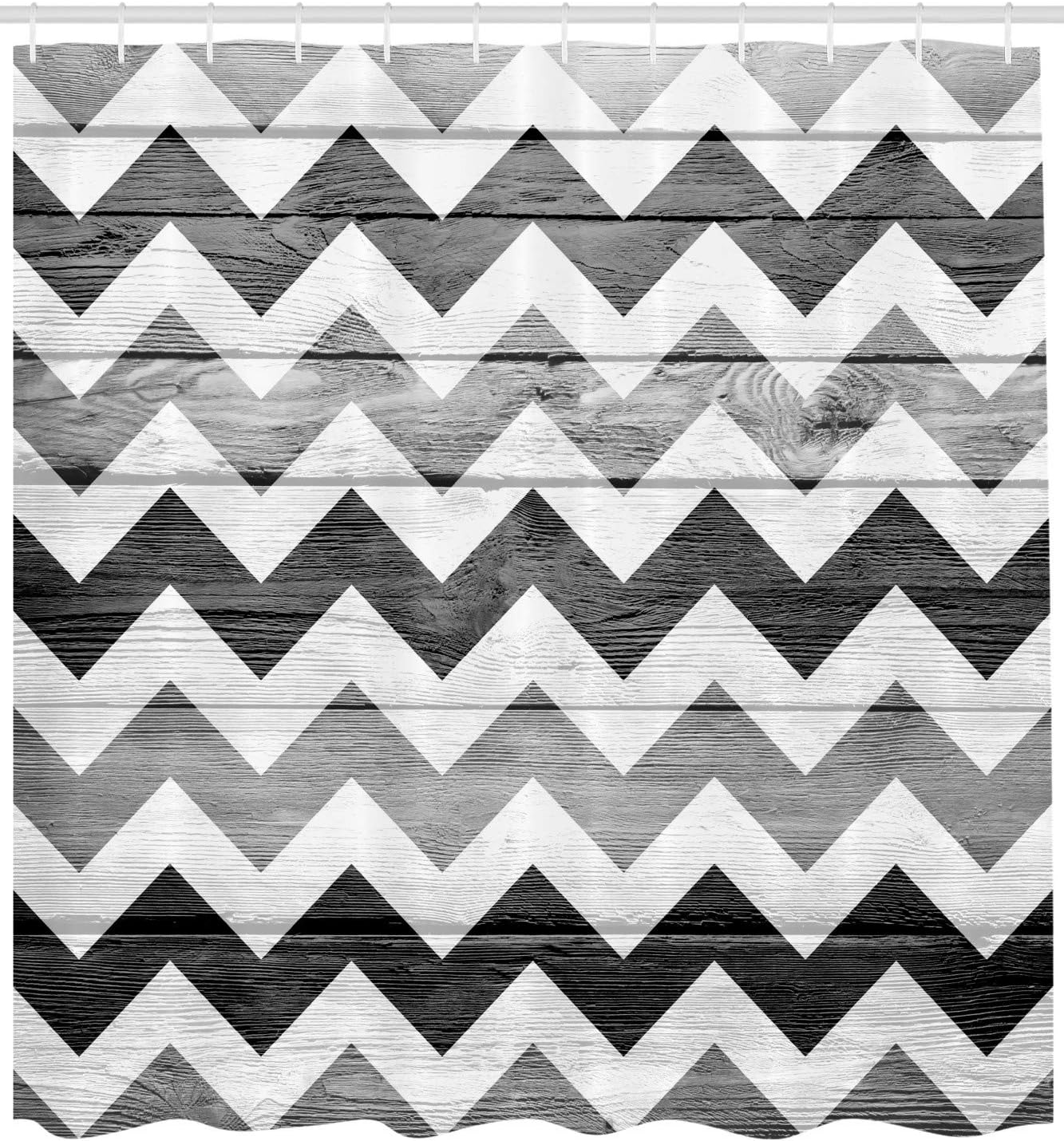 Ambesonne Chevron Shower Curtain, Zig Zag Lines Pattern on Wooden Texture Background Rustic Home Print, Cloth Fabric Bathroom Decor Set with Hooks, 69" W x 70" L, Grey WhiteSmoke
