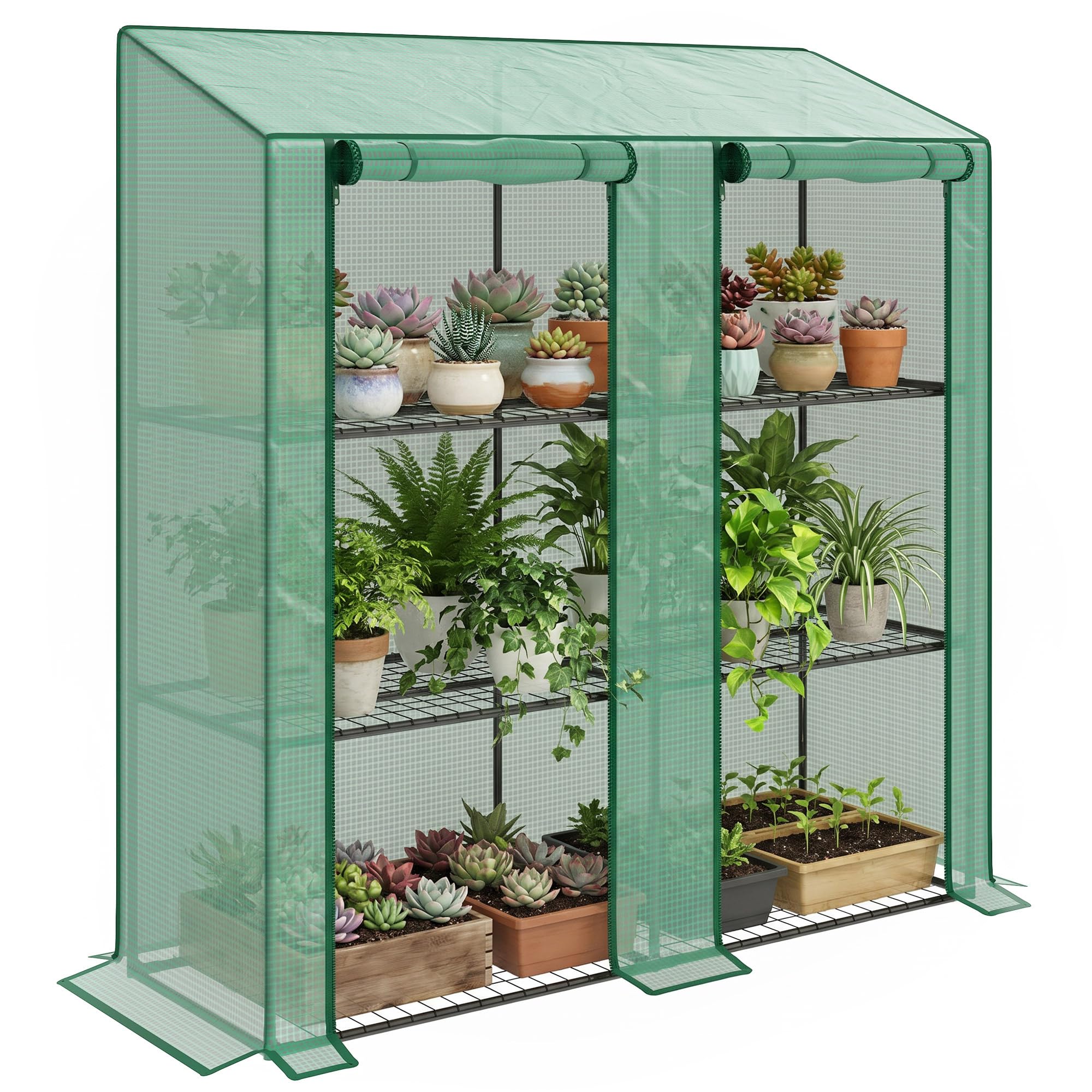 Outsunny Serra da Giardino con Copertura in PE e 6 Mensole a Rete, Serra Addossata da Balcone con 2 Porte Avvolgibili, 143x46x151cm, Verde