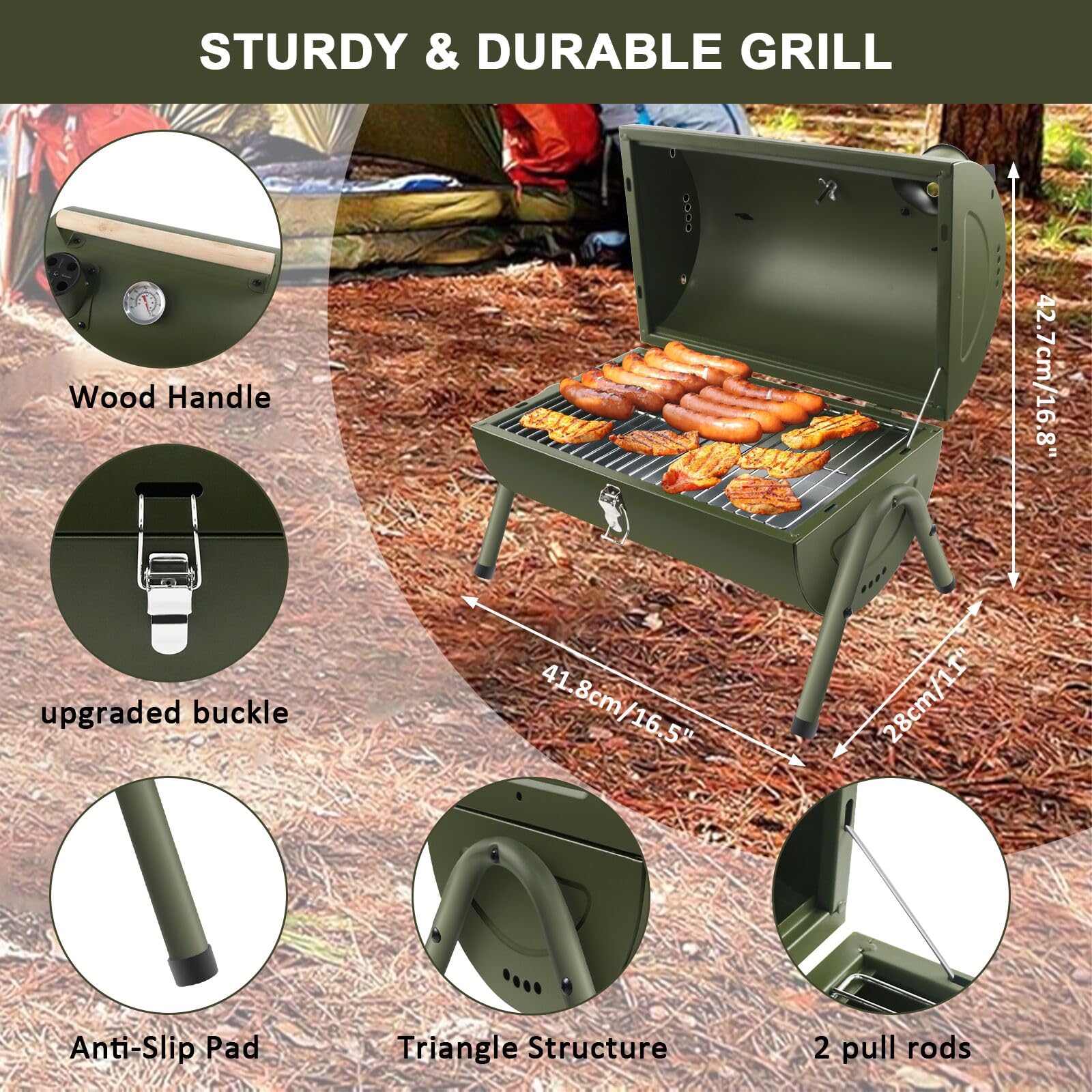 Barbecue Portable 2 en 1 avec Thermomètre BBQ à Charbon, Vert | Grill de Table, Pour Jardin Balcon Voyage Camping