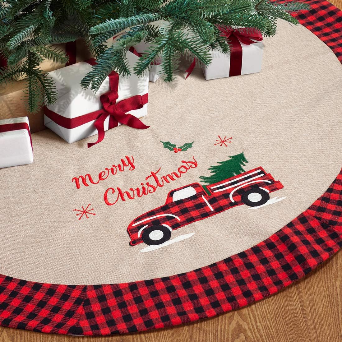 GMOEGEFT Christmas Tree Skirt Burlap with Buffalo Check Trim Rustic Truck and Tree Applique Xmas Home Decoration Ornaments (48 Inches)