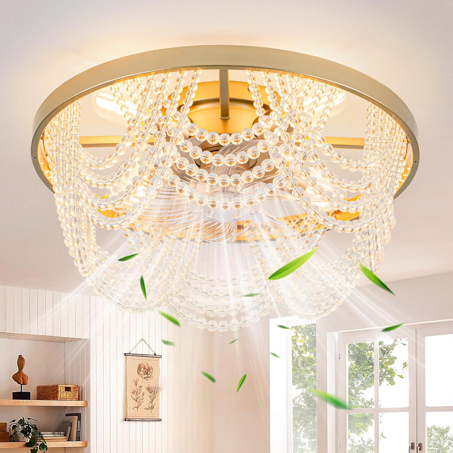 20" Boho Ceiling Fan with Light, Wood Beaded Flush Mount Ceiling Fans with 6 Speeds 3 Timing, Bohemian Caged Ceiling Fan for Living Room Kitchen Bedroom Nursery