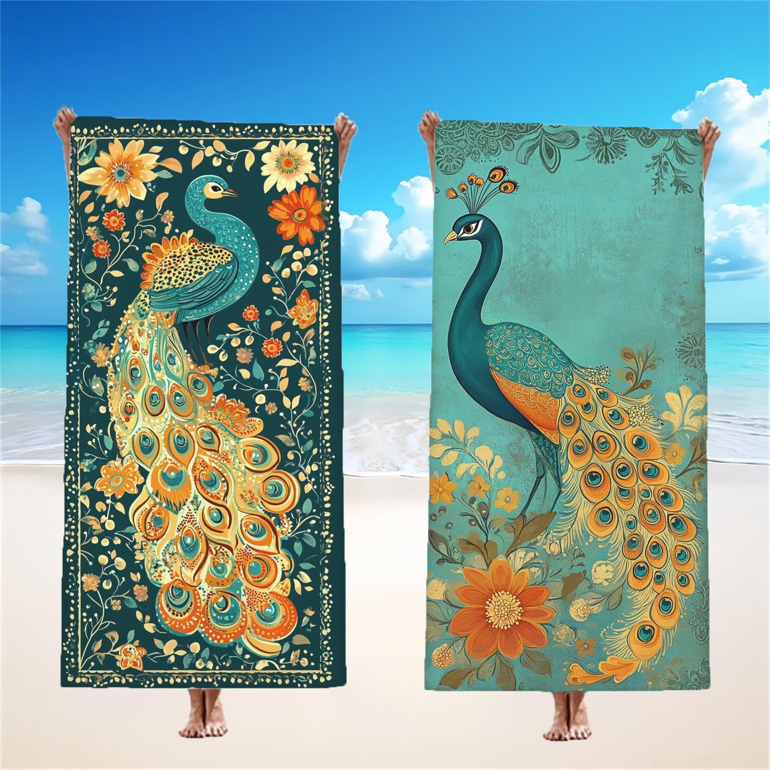 Ręcznik plażowy z motywem pawia dla dorosłych, ręcznik z mikrofibry 90 x 200 cm, duży, 2 sztuki, ręczniki kąpielowe, unikalne, chłonne, szybkoschnące, odporne na piasek, lekka konstrukcja, do jogi