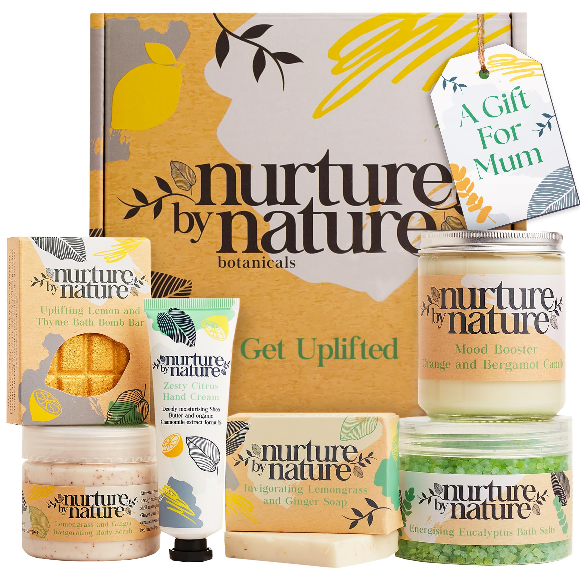 NURTURE BY NATURE Spa Gift Set – 6 Piece Uplifting Pamper Gift Set for Women with Soap, Body Scrub, Hand Cream & Candle – Vegan - Valentines Gifts for Her, Mothers Day Gifts, Self Care Birthday Gift