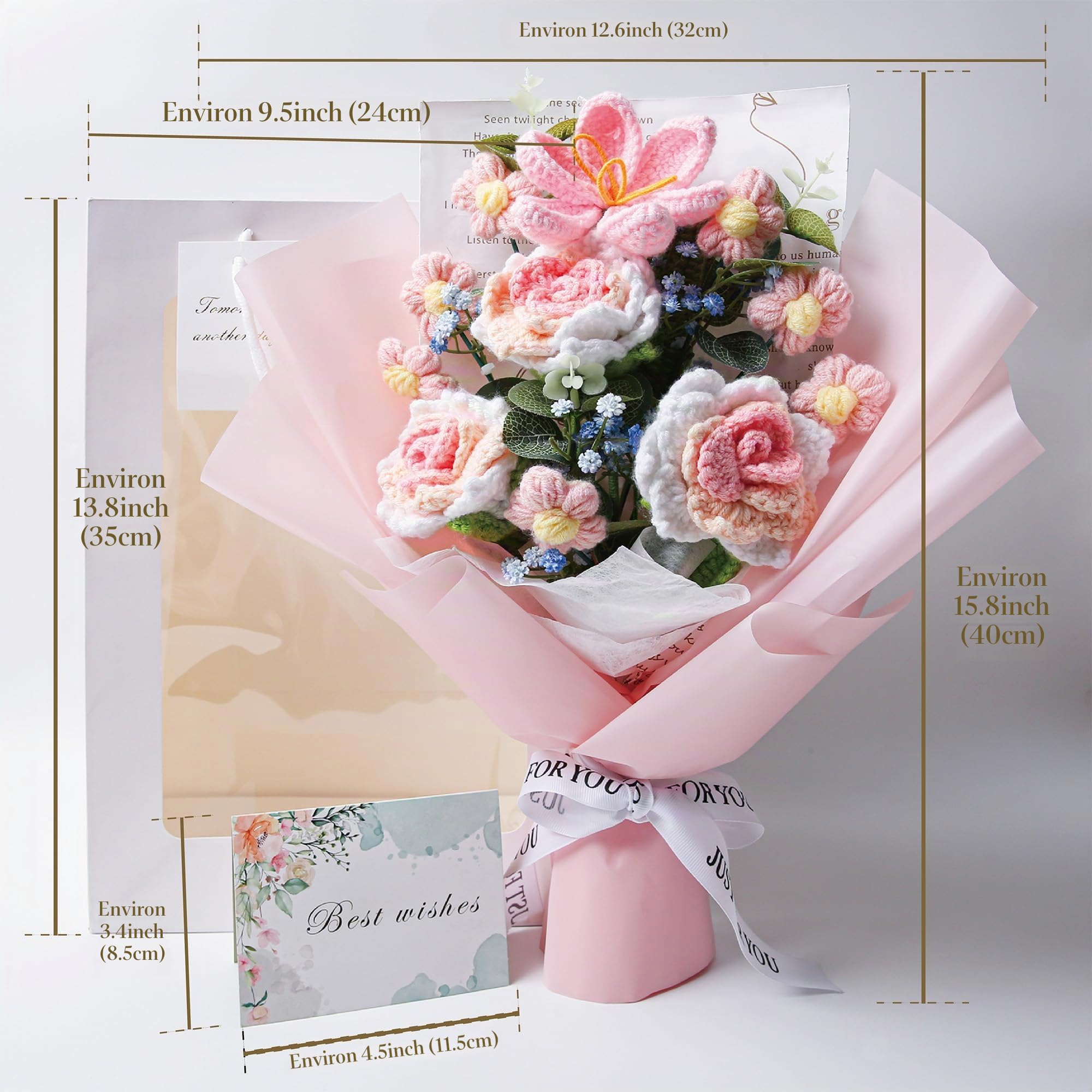 EZsenses Bouquet de fleurs au crochet – Roses tricotées à la main pour décoration d'intérieur, avec sac cadeau et carte de vœux