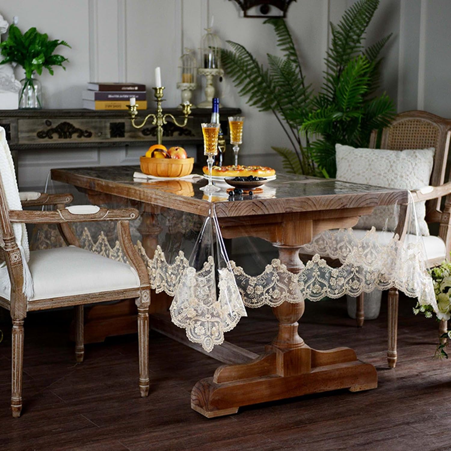 Clear Vinyl Tablecloth Protector Transparent PVC Lace Border Plastic Waterproof Oil-Proof Rectangle Table Cover for Kitchen Home Dining Holiday Decoration (Champagne, 60 x 84 Inch)