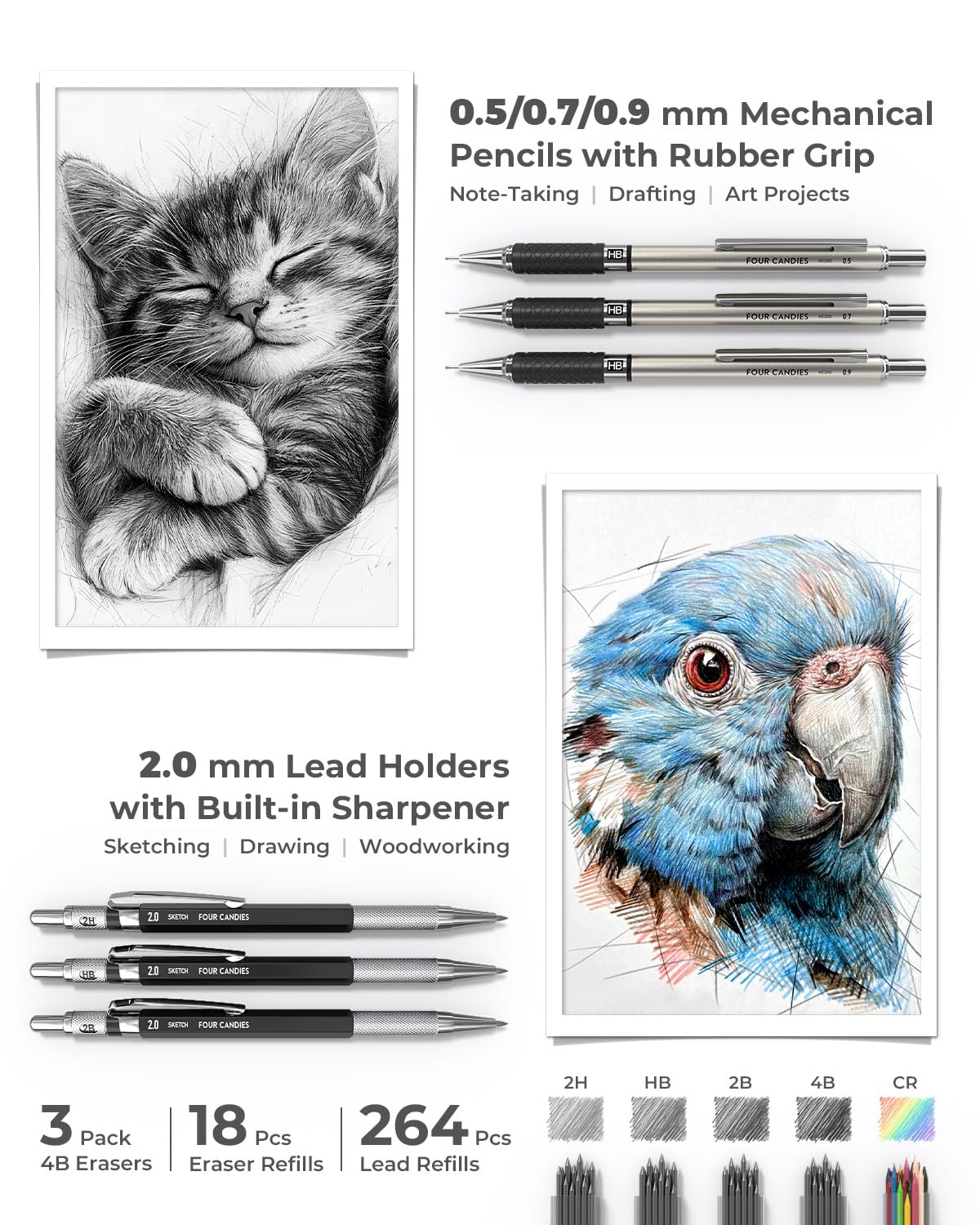 Four Candies 45 PIEZAS Suministros escolares estéticos con bonito estuche de lápices, 12 resaltadores pastel, 5 bolígrafos de gel de tinta negra, 6 lápices mecánicos para estudiantes, suministros de