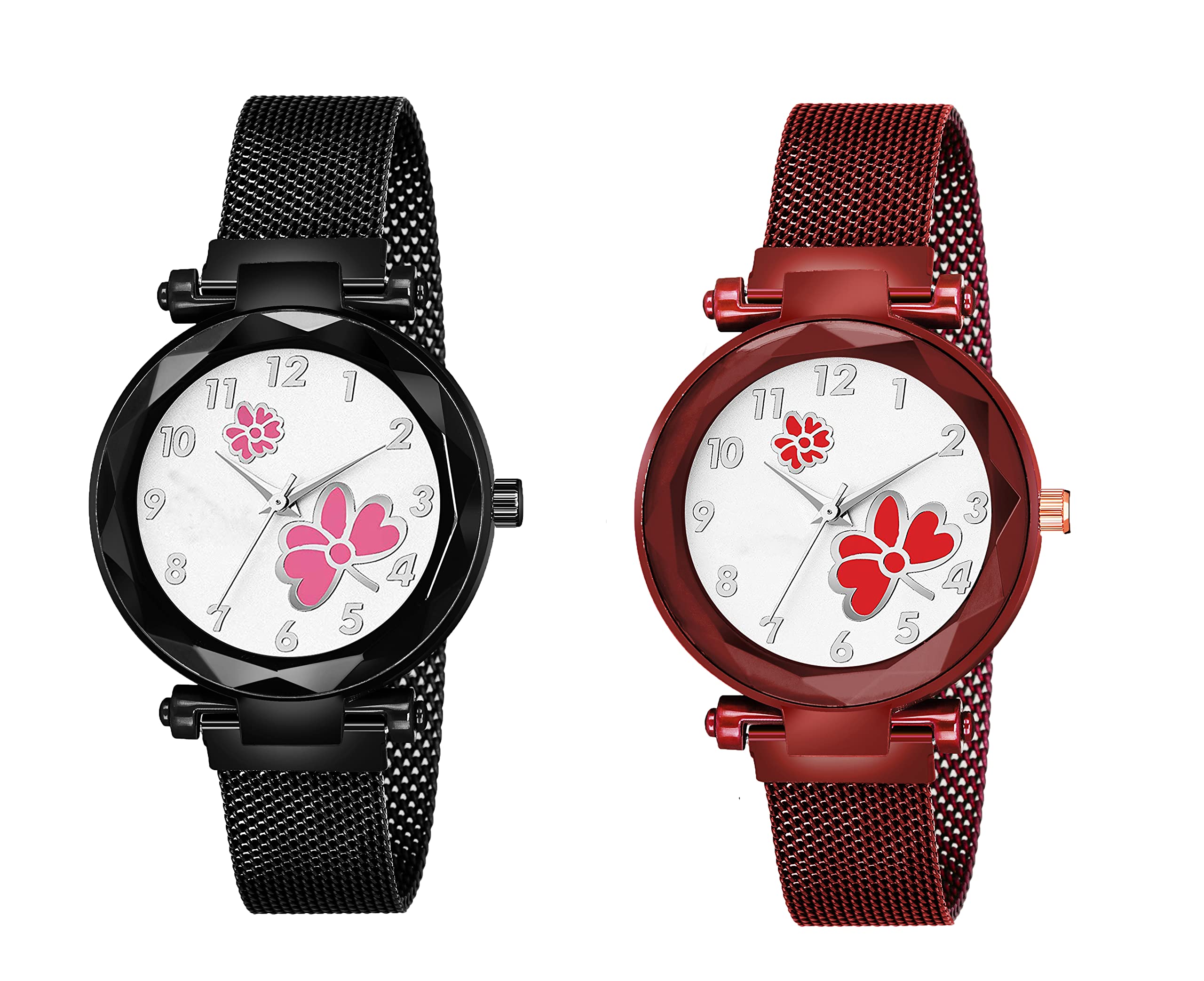 Red RobinAlluring Analogue Multicolor Dial Multicolor Magnet Strap Graceful Stylish Wrist Watch for Women, Pack of 2 - GEN-MAG-Flower-PNK-BKM-RED-RDM