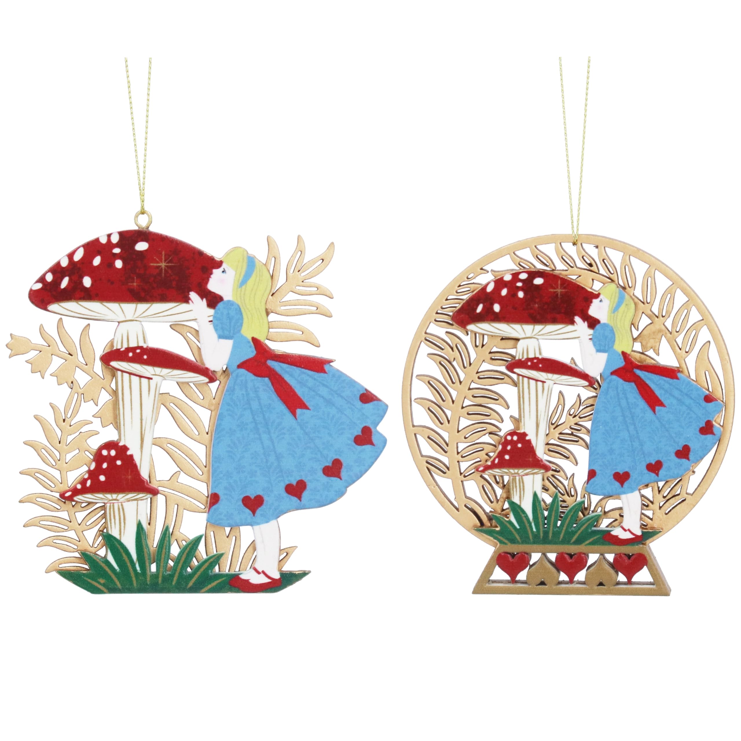 Gisela Graham Alice In Wonderland Alice & Toadstools Wood Fretwork Decorations Set Of 2