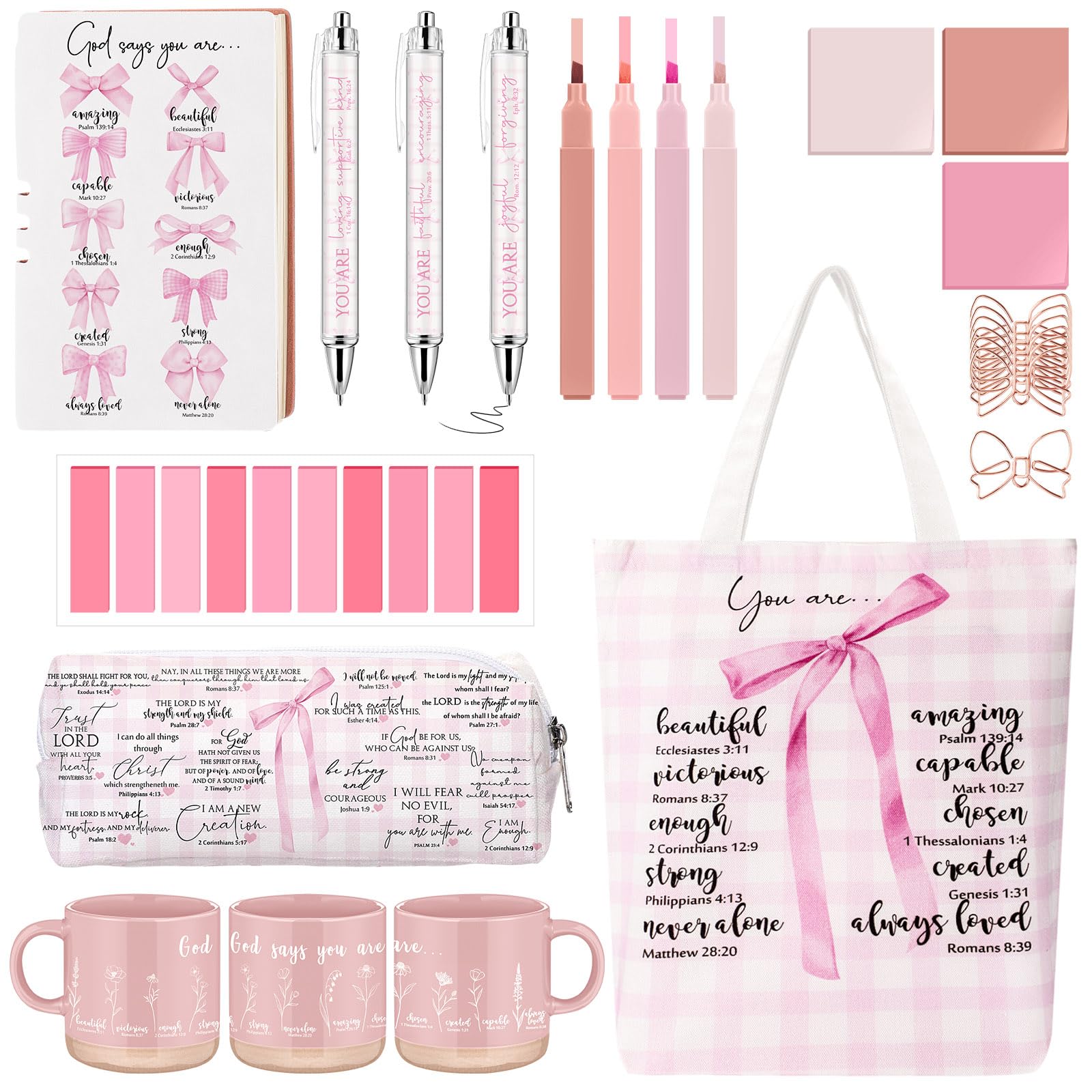 Reallnaive Kit da 25 pezzi per diario biblico, tazza in ceramica, borsa in tela e pelle, con fiocco, per evidenziatore, foglietti adesivi, graffette, forniture per studio, regalo cristiano per donne e