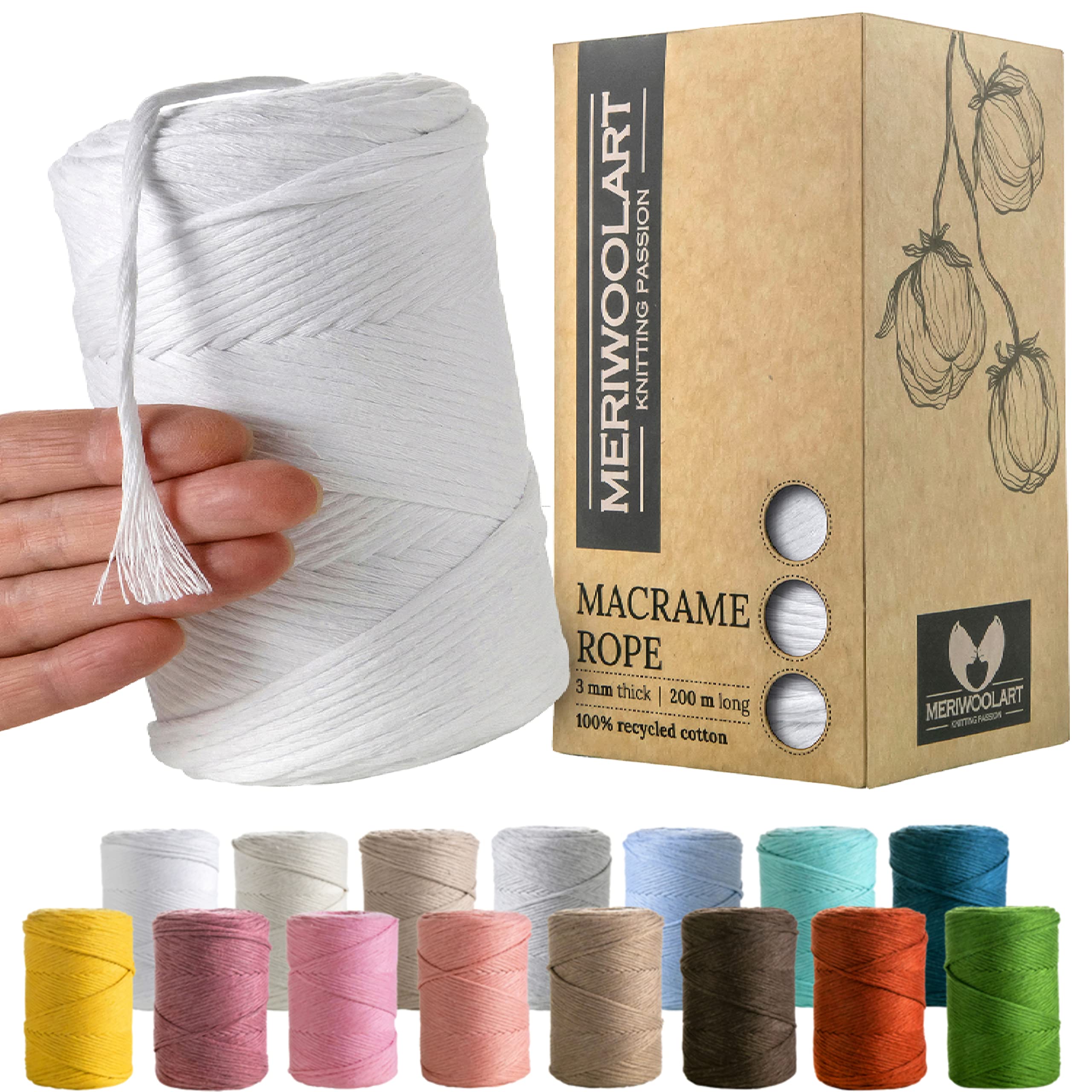 MeriWoolArt® White Macrame Yarn - Macrame Yarn 3 mm Colourful, 200 m - Super Soft Yarn, Single Twist Macrame Cord - Oeko-Tex 100% Recycled Cotton Yarn Colourful - DIY Boho Decorative Macrame