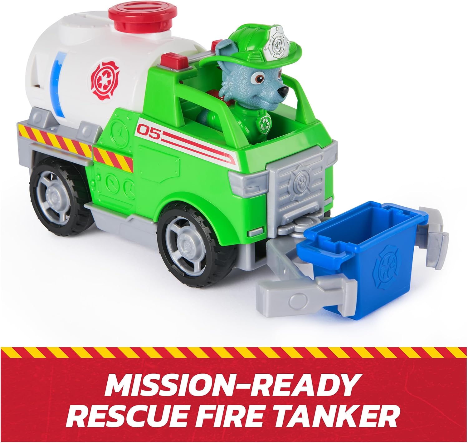 PAW Patrol Fire Rescue: Rocky Rescue Firefighter tank with figurine, gripper and toy stroller, toys for boys and girls from 3 years old