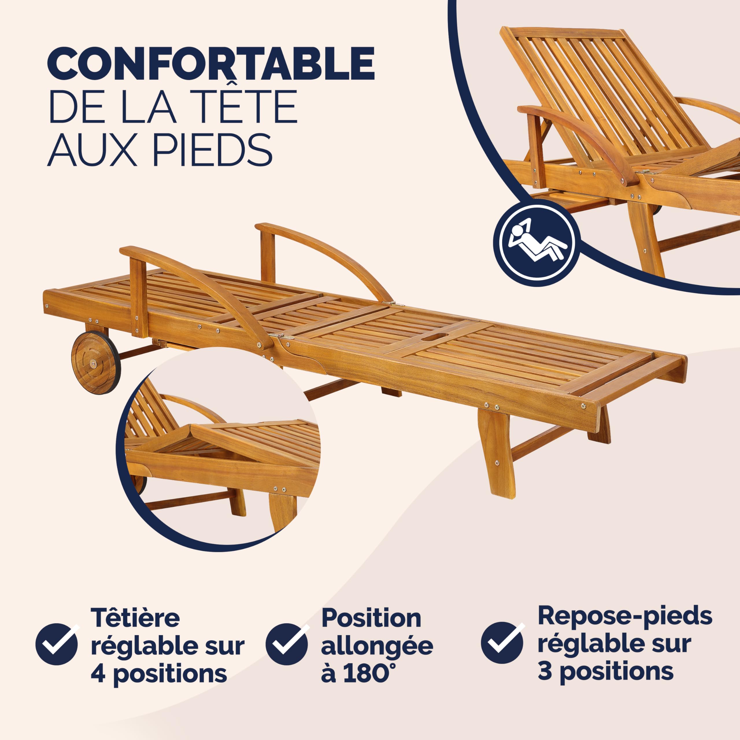 Casaria® 2X Chaise Longue Jardin Exterieur Tami Sun en Bois D Acacia Chaise Pliante avec Roues Type Transat Bain De Soleil Chaise Bois pour Salon De Jardin Exterieur