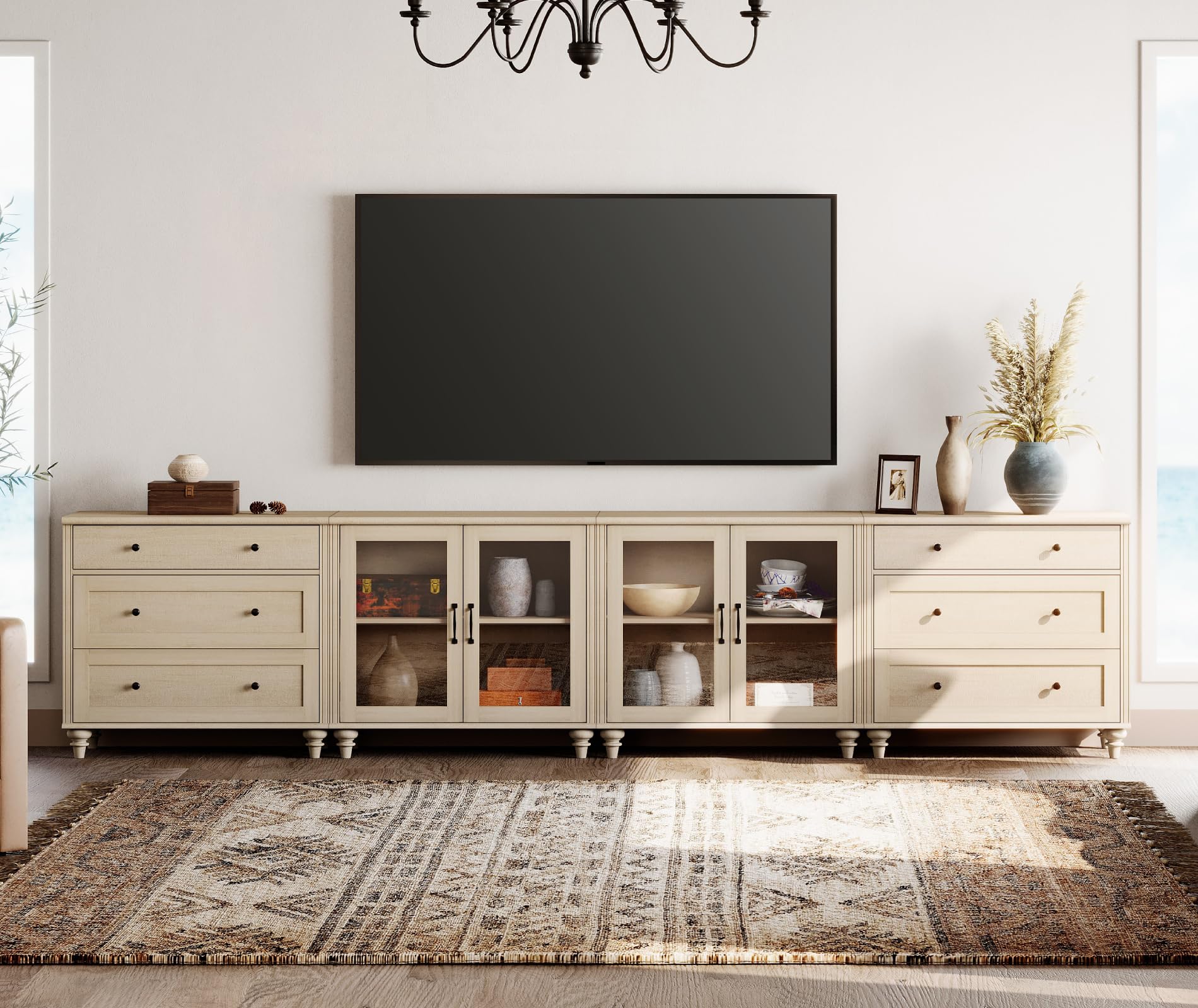 WAMPAT Mid-Century Kitchen Buffet Cabinet With Glass Doors & Charging Station - 4-in-1 Sideboard, Console Table, Off White - View #10
