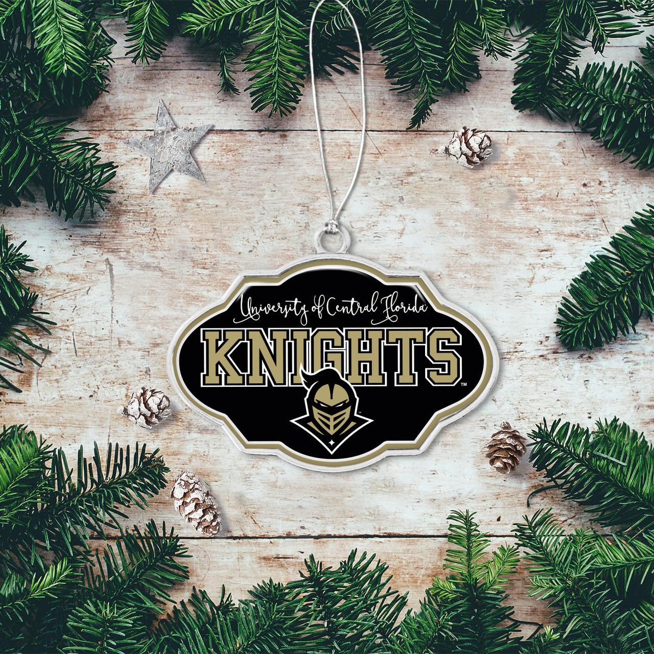 UCF Knights Central Florida Frame Design Christmas Ornament with Team Logo Silver Metal Gift Tree Decoration