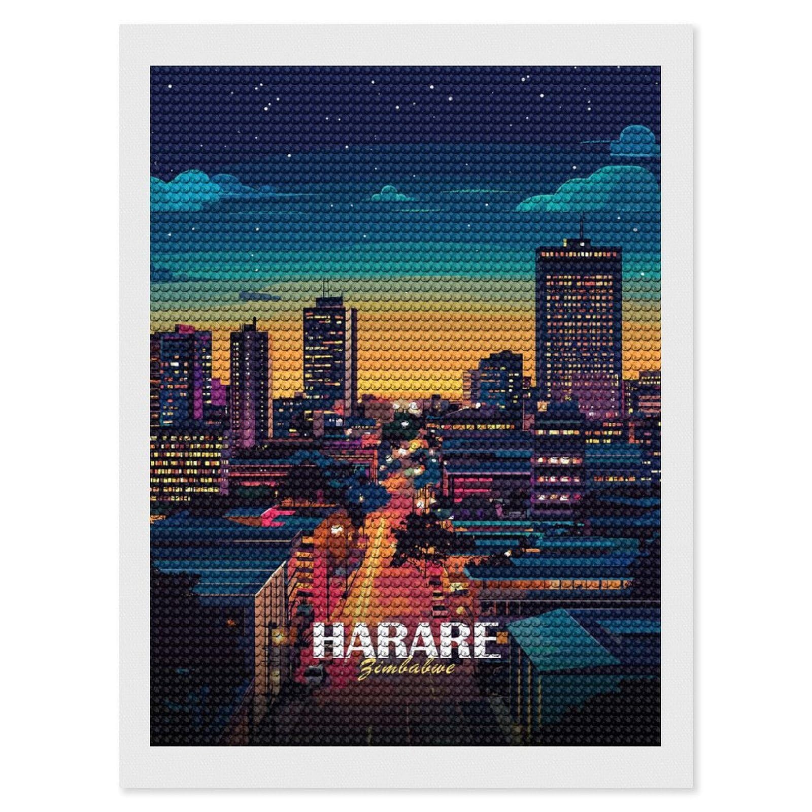 Junmoney Harare, Zimbabwe Cityscape at Night Diamond Art Canvas 12"x16", Easy to Follow Symbols, Finish and Display, Fun Craft Experience, Aesthetic Room Decor