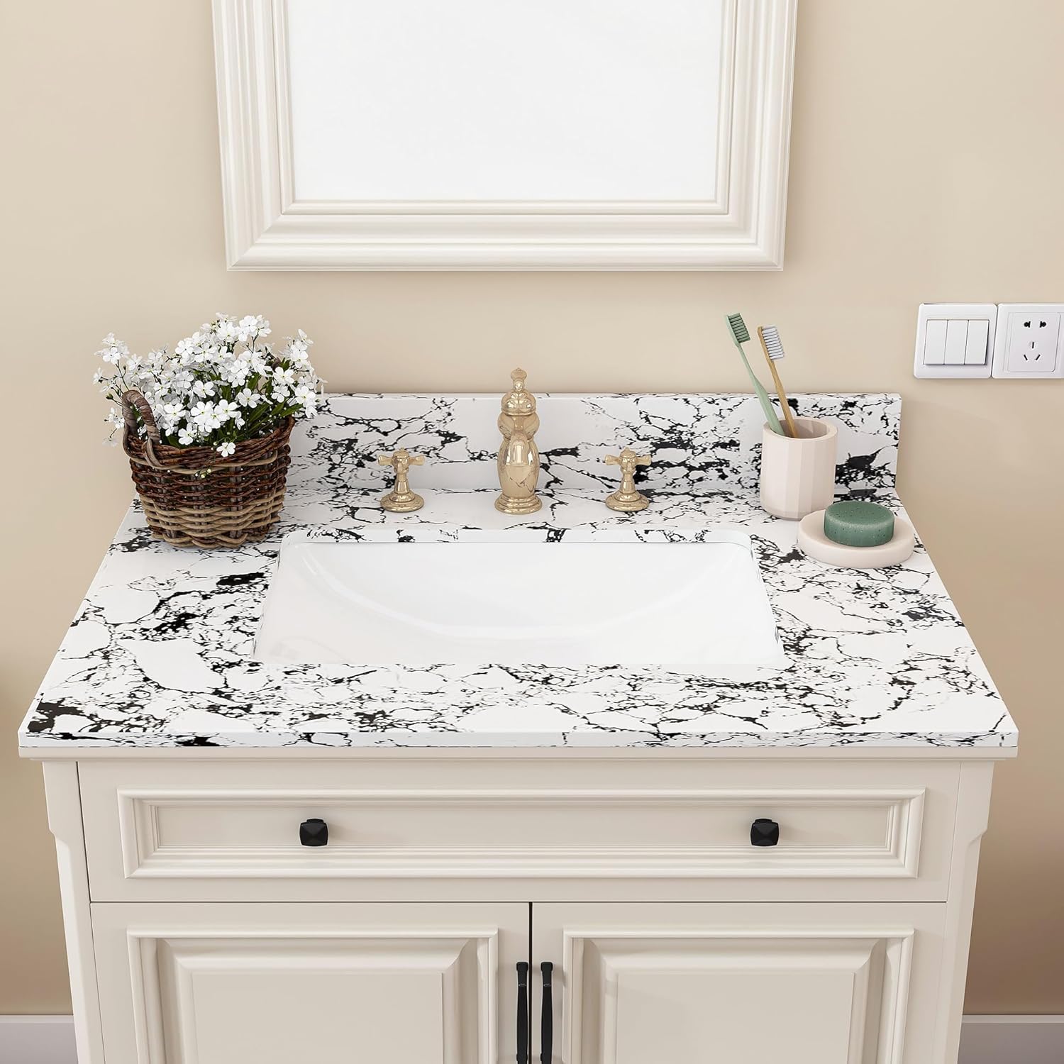 31x22 Marble Bathroom Vanity Top with Sink, Vanity Top with Sink with Pre-drilled Holes and 4" Backsplash, Perfect for Home & Rental Properties Excluding Cabinets