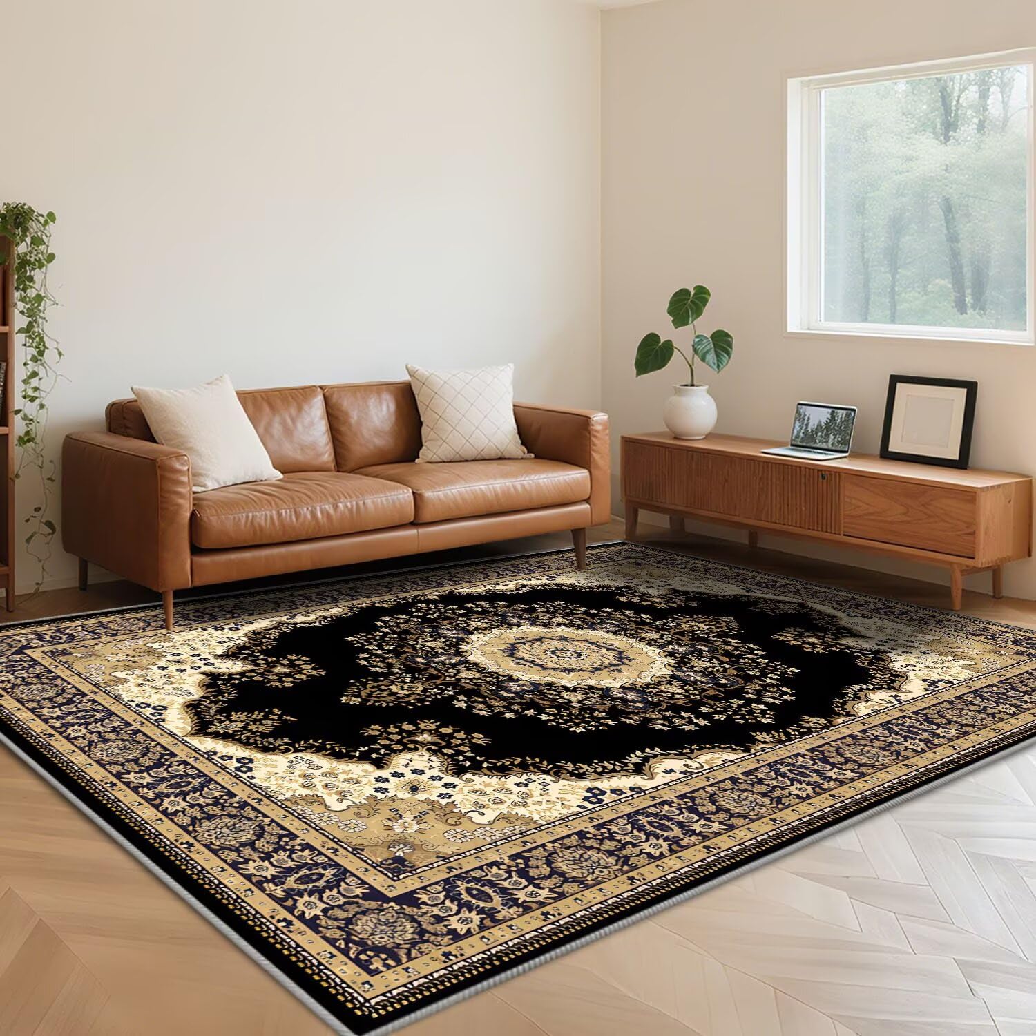 Tapis antidérapant marron 120x180 cm lavable et idéal pour un salon à fort trafic