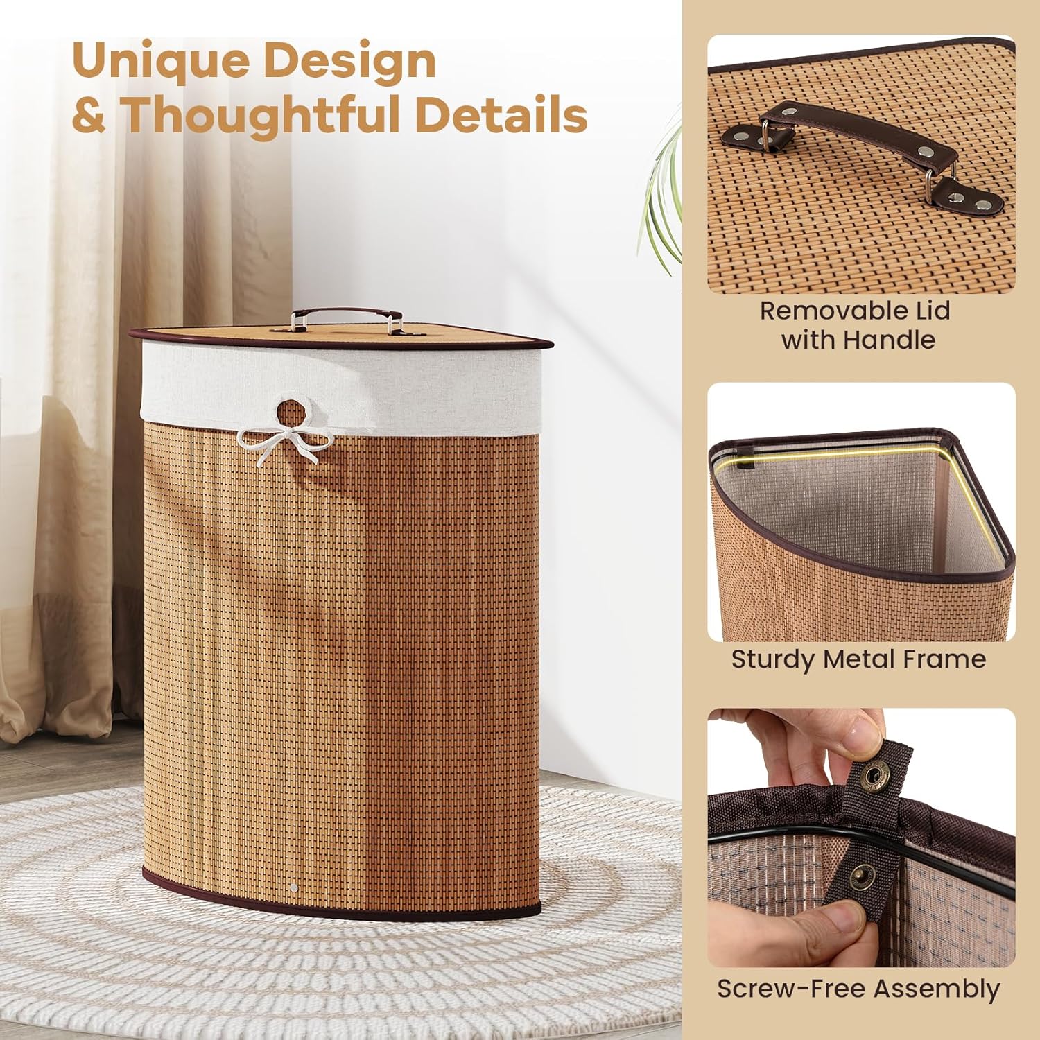 Giantex Corner Laundry Hamper with Lid, 58 L Bamboo Laundry Basket with Removable Liner & Handle, Triangle Clothes Hamper for Small Spaces, Bedroom, Bathroom, Laundry & Living Room (Bamboo)