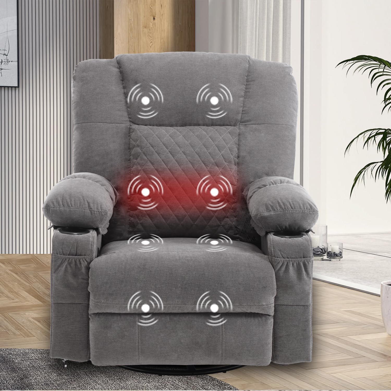 Rocker Recliner Chair with Heat and Massage, Wide Seat Overstuffed Fabric Reclining Chair for Living Room, Nursery Glider Rocking Chair Swivel Recliner with Cup Holder, Grey