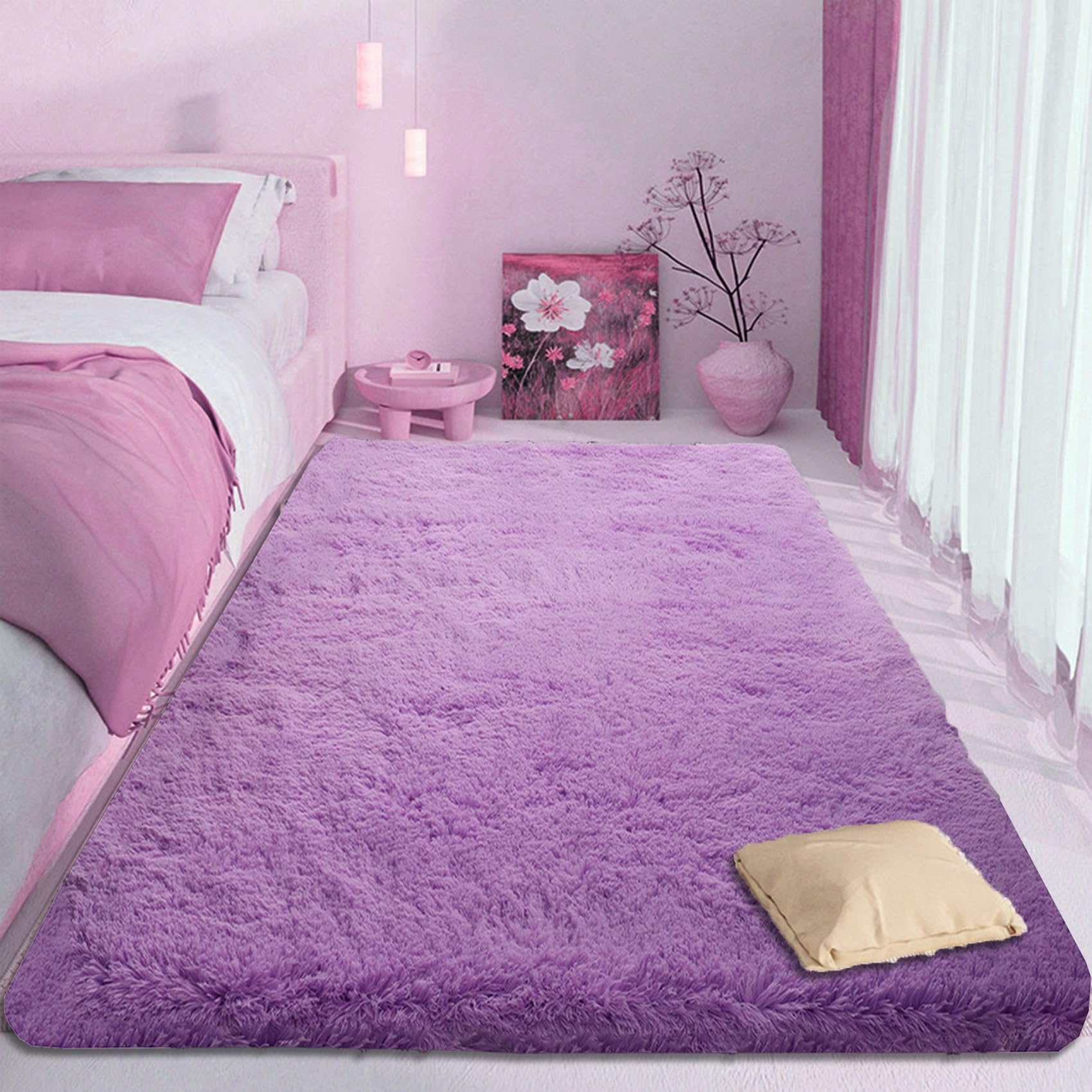 Tapis salon lavable 160x220 cm pourpre antidérapant effet fourrure