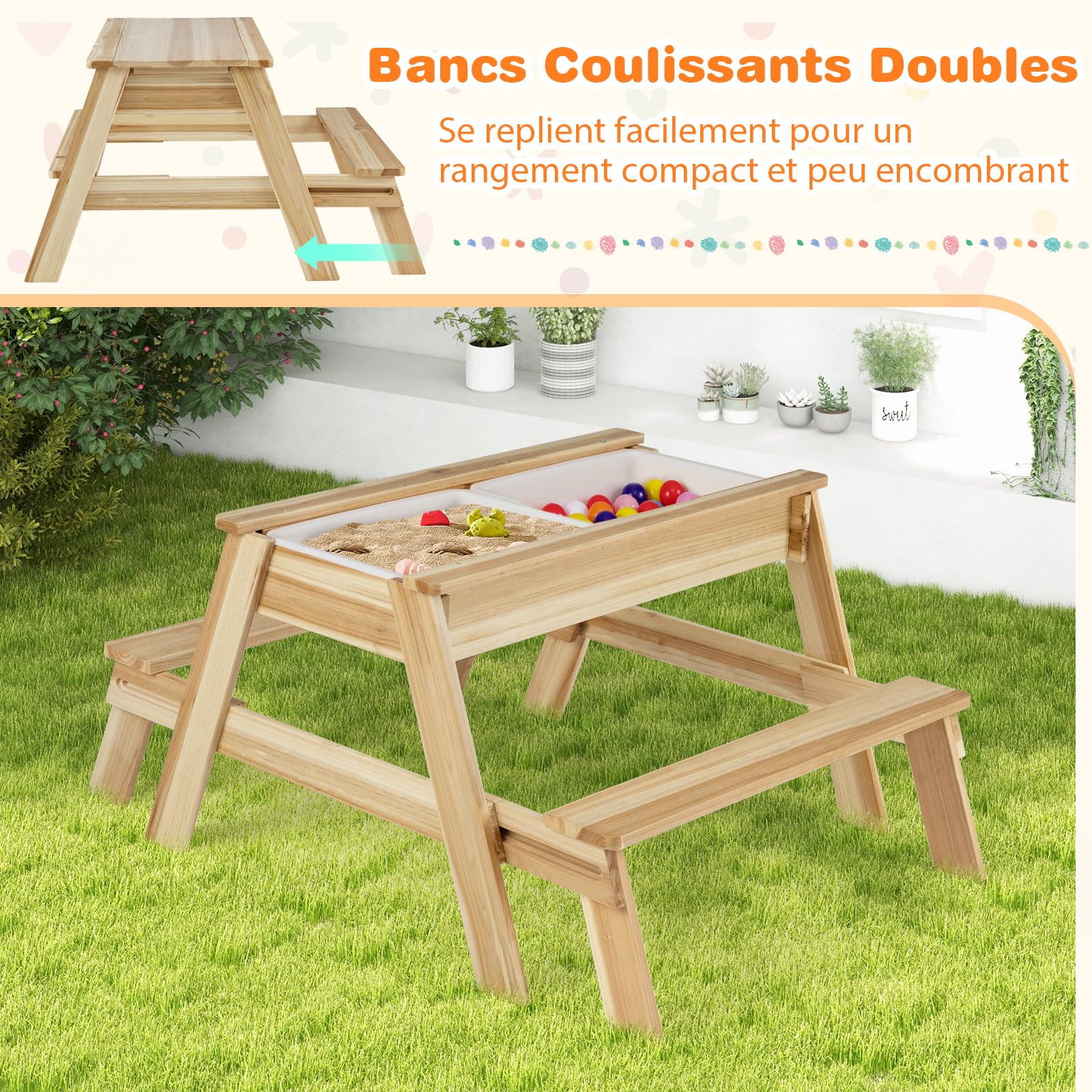 GOPLUS Table Exterieur Enfant en Bois avec Bancs Coulissants, Ensemble Table Jardin Enfant 4 en 1 avec 2 Bacs à Sable et Plateau Amovibles, Salon de Pique Nique pour Intérieur & Extérieur