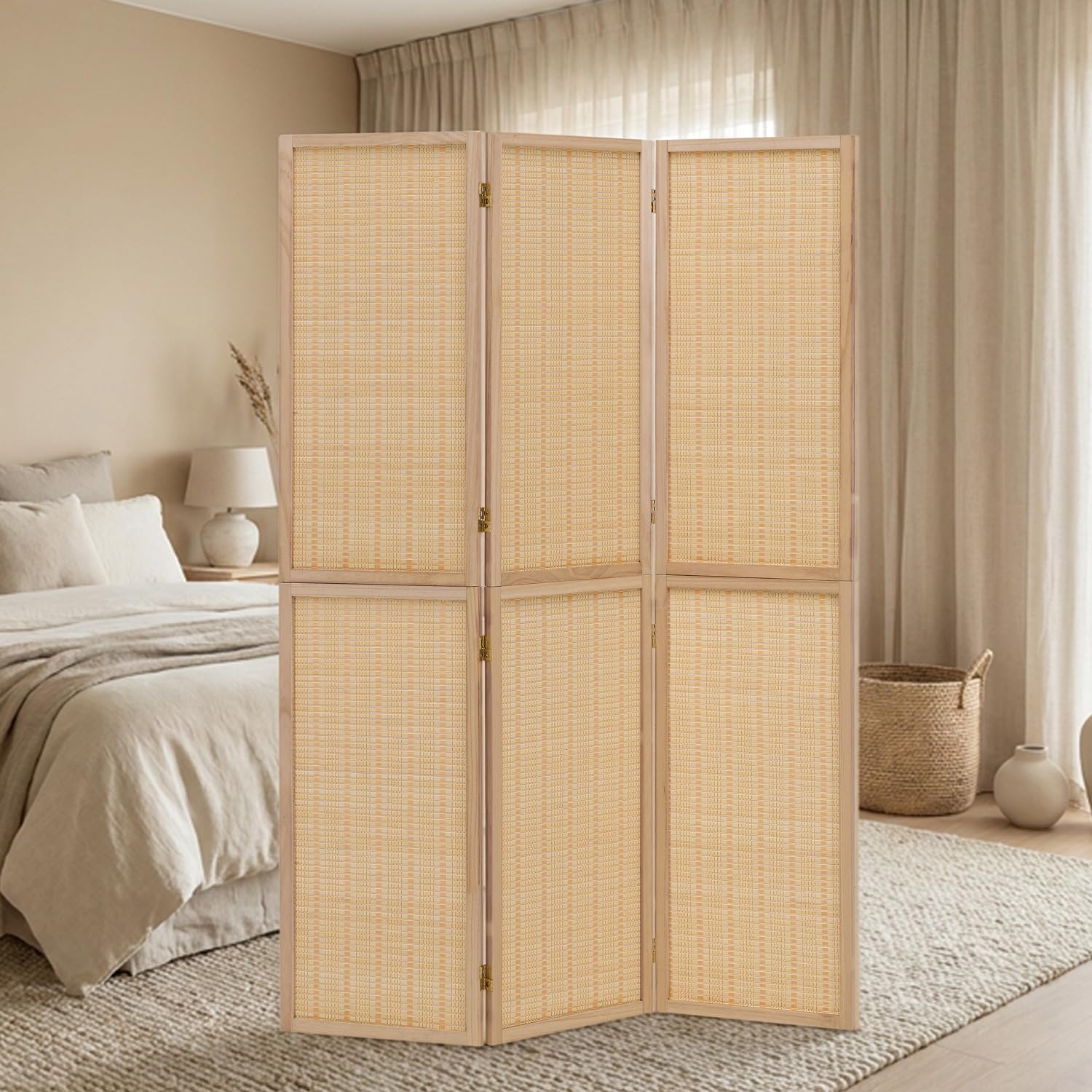 Homestyle4u Paravent 3-teilig aus Holz & Bambus, 120x170 cm