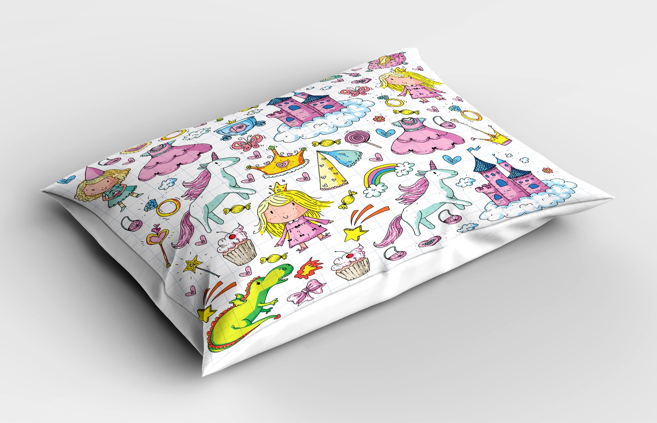 Ambesonne Cartoon Pillow Sham, Bundle of Girls Composition Tale Fantasy Characters Castles Accessories, Decorative Standard Size Printed Pillowcase, 26