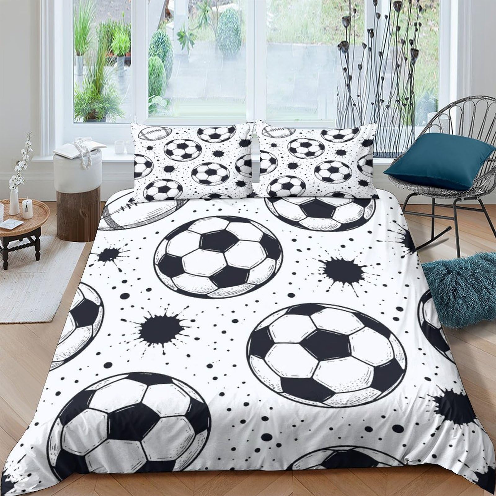 Ctjqhvkz Style-1 3D Printed Football Pattern Fitted Sheet Microfiber Black White Soccer Ball Bed Cover For Bedroom Guest Room Dorm Decor Single（135X200cm）