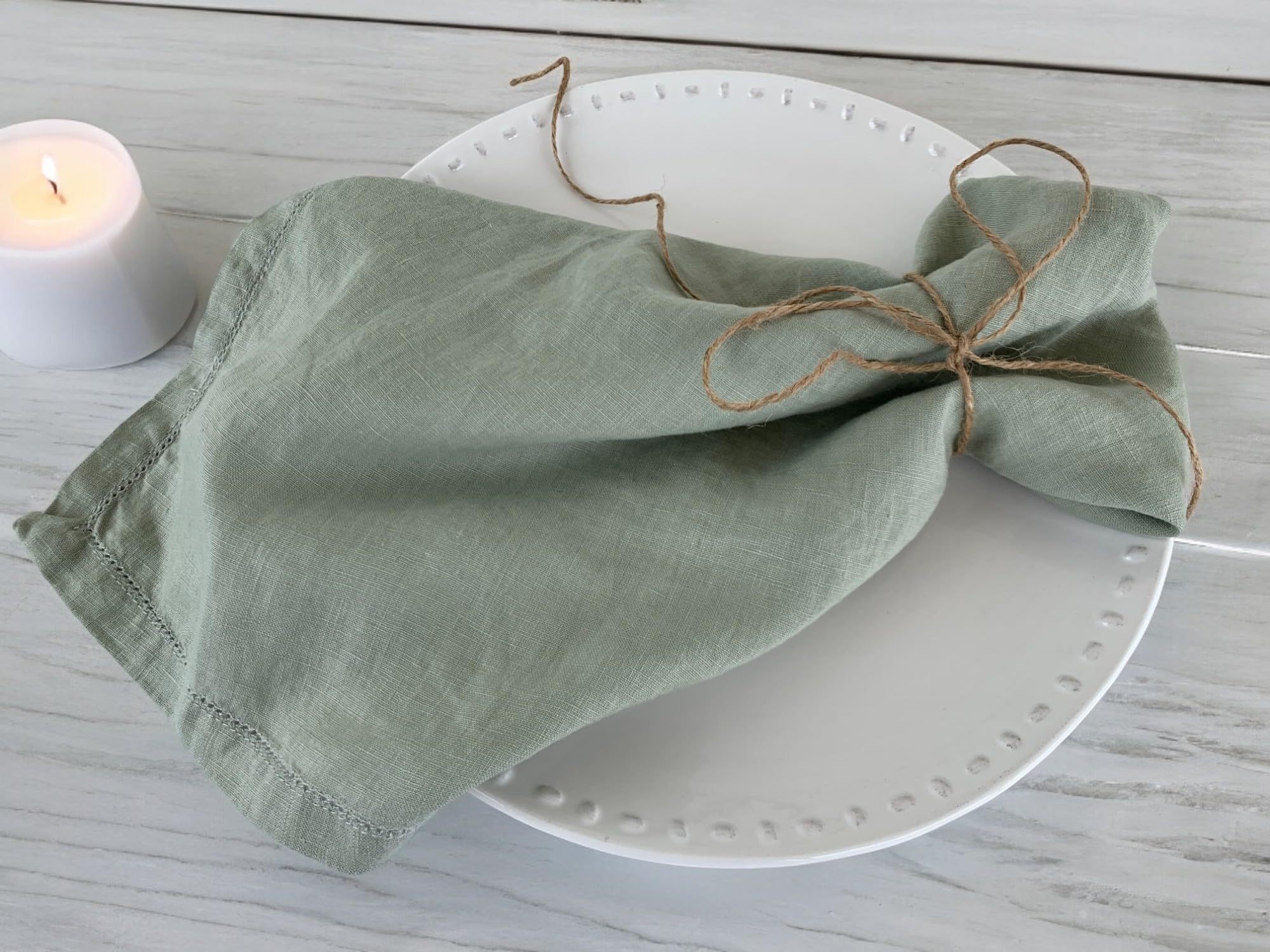 Hemstitched Linen Napkins - 50 cm x 50 cm - Stonewashed Pure Linen Cloth Napkins with Mitered Corners - Set of 4 (Soft Sage Green) - Image 3