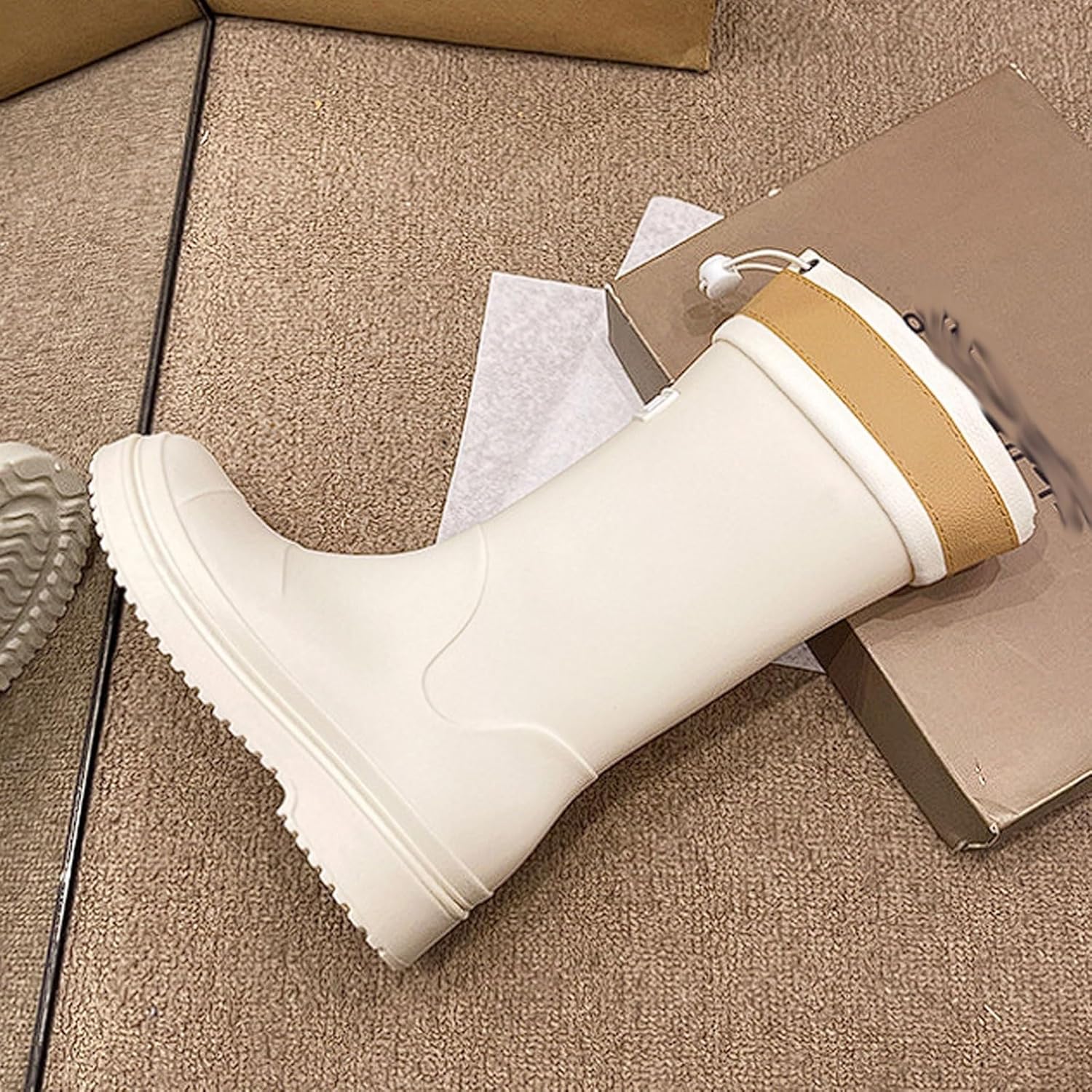 Thick Sole Camping Boots Women's Mid-Calf Rain Boots Waterproof Non-Slip Outdoor Wading Boots with Drawstring Closure Water shoes(BEIGE,6.5)