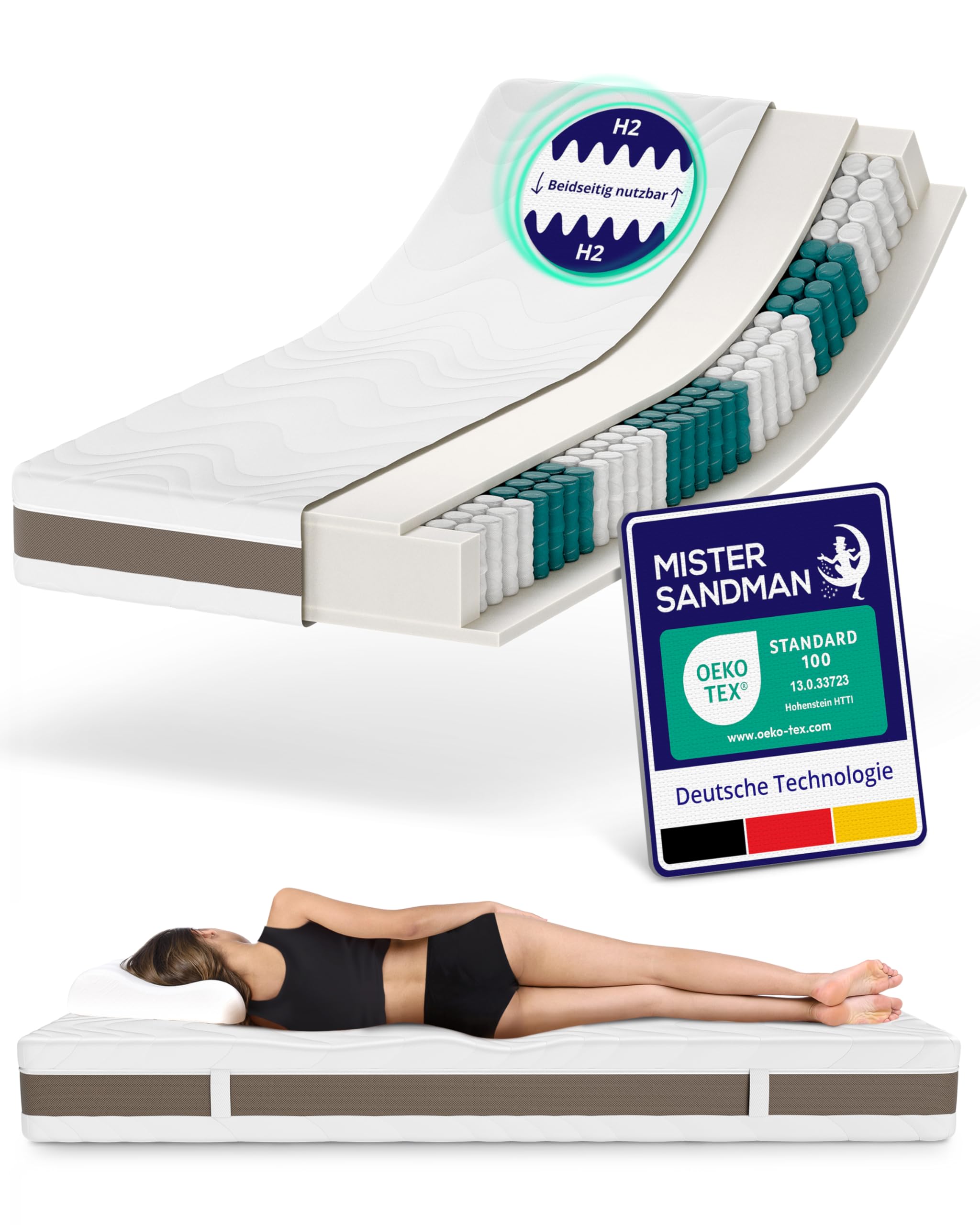Mister Sandman Matratze 180x200, Höhe 24cm, Premium Federkernmatratze mit Taschenfedern, Matratze H3 H4, 7 Zonen, Taschenfederkernmatratze, Abnehmbarer und waschbarer Bezug, Allergikergeeignet