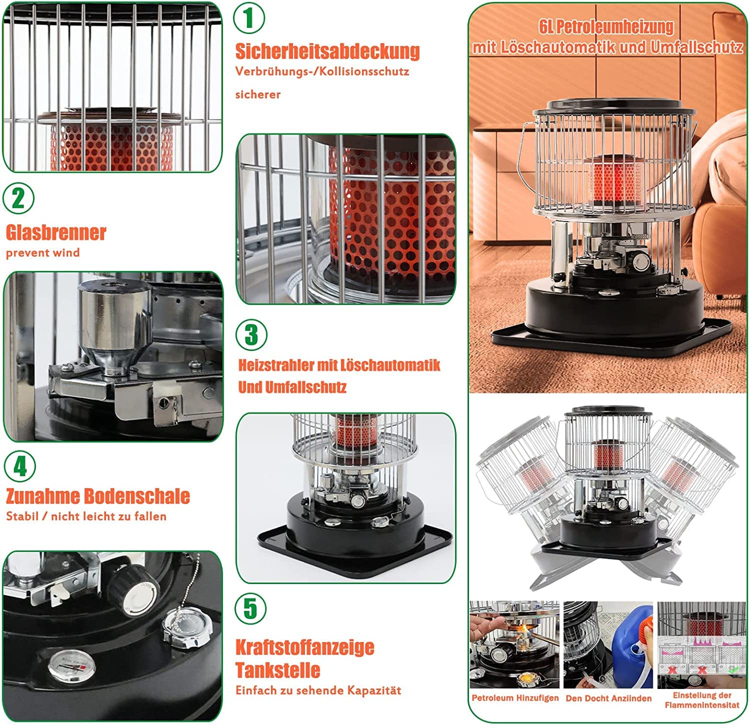 Petroleumofen für Innenräume, Ohne Strom Mobile Petroliumheizer Petroleum Heizung Heizer mit Umfallschutz und Löschautomatik 360° Heizstrahler für Indoor Zeltheizung Camping Kochen Notheizung (6L)