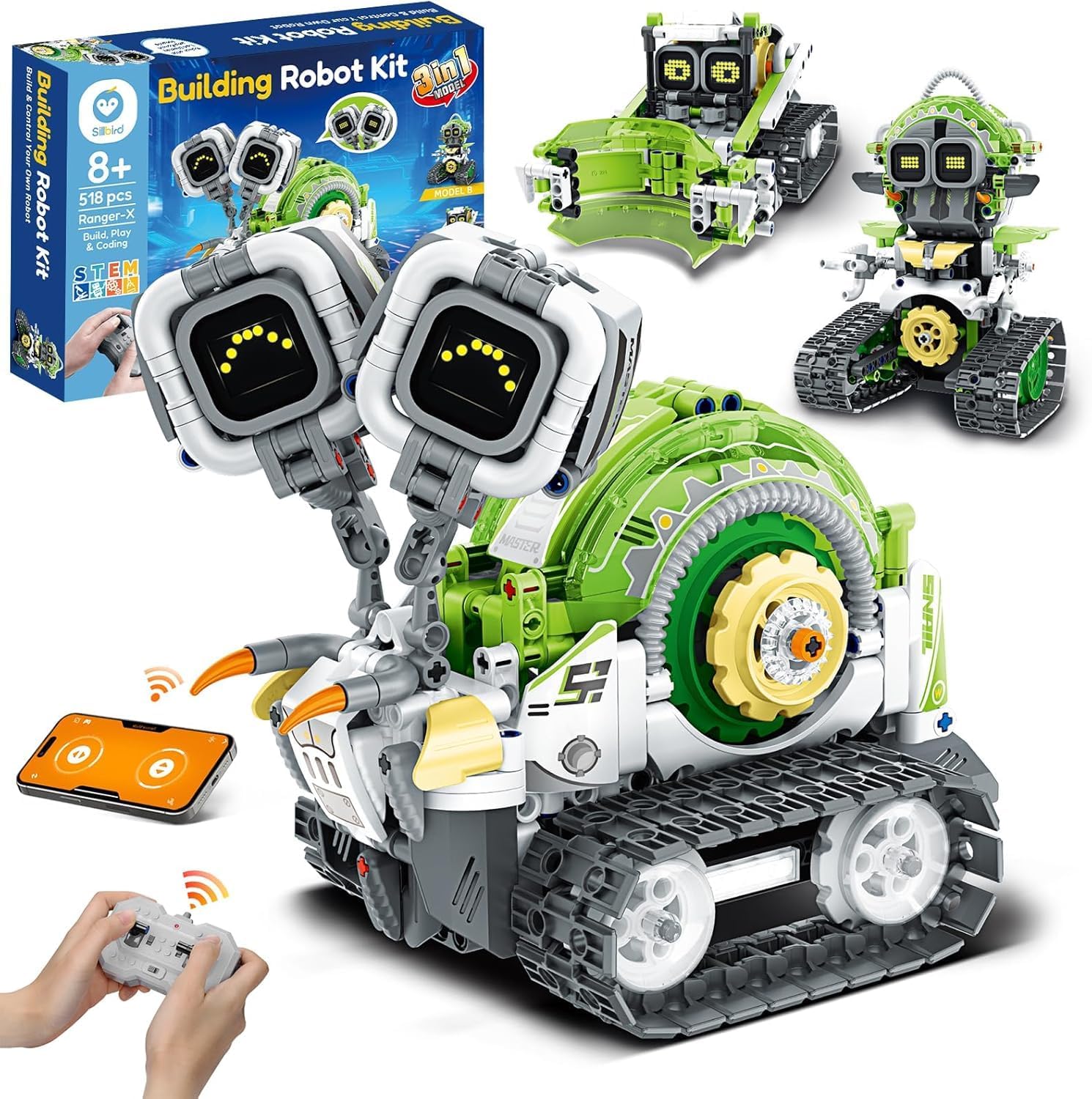 Sillbird Robot Building Kit with Remote Control STEM Gifts for Boys Age 8-12, Coding Robotic Toys for Kids Birthday - Build 3in1 Model with 518 Pieces