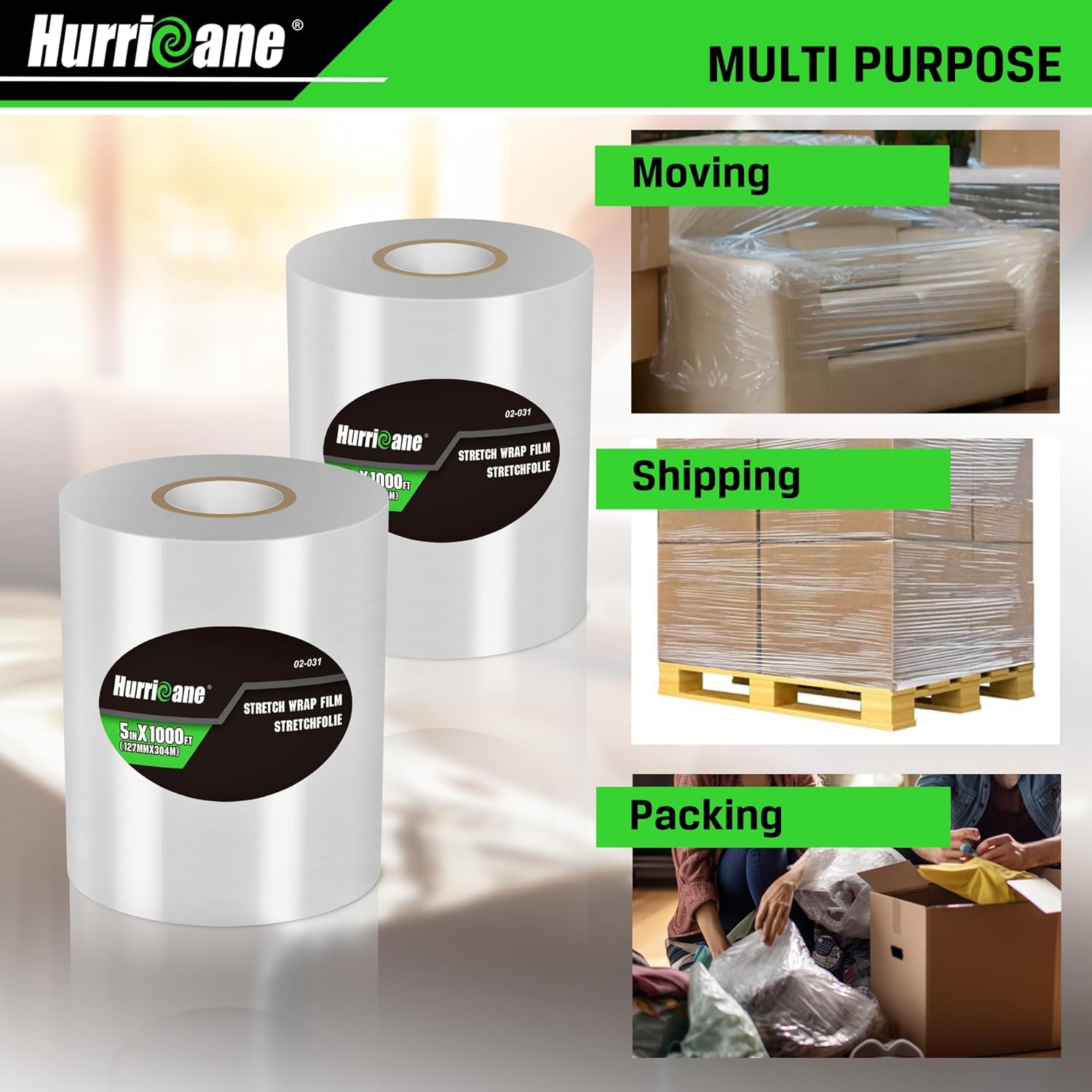 HURRICANE Stretch Wrap Film Refill Rolls, Clear Stretch Wrap Refill Roll, 2 Pack 80 Gauge Thick 5 inch 1000 ft, Clear Plastic Pallet Shrink Film, Stretch Plastic Wrap for Packing, Moving, Storage