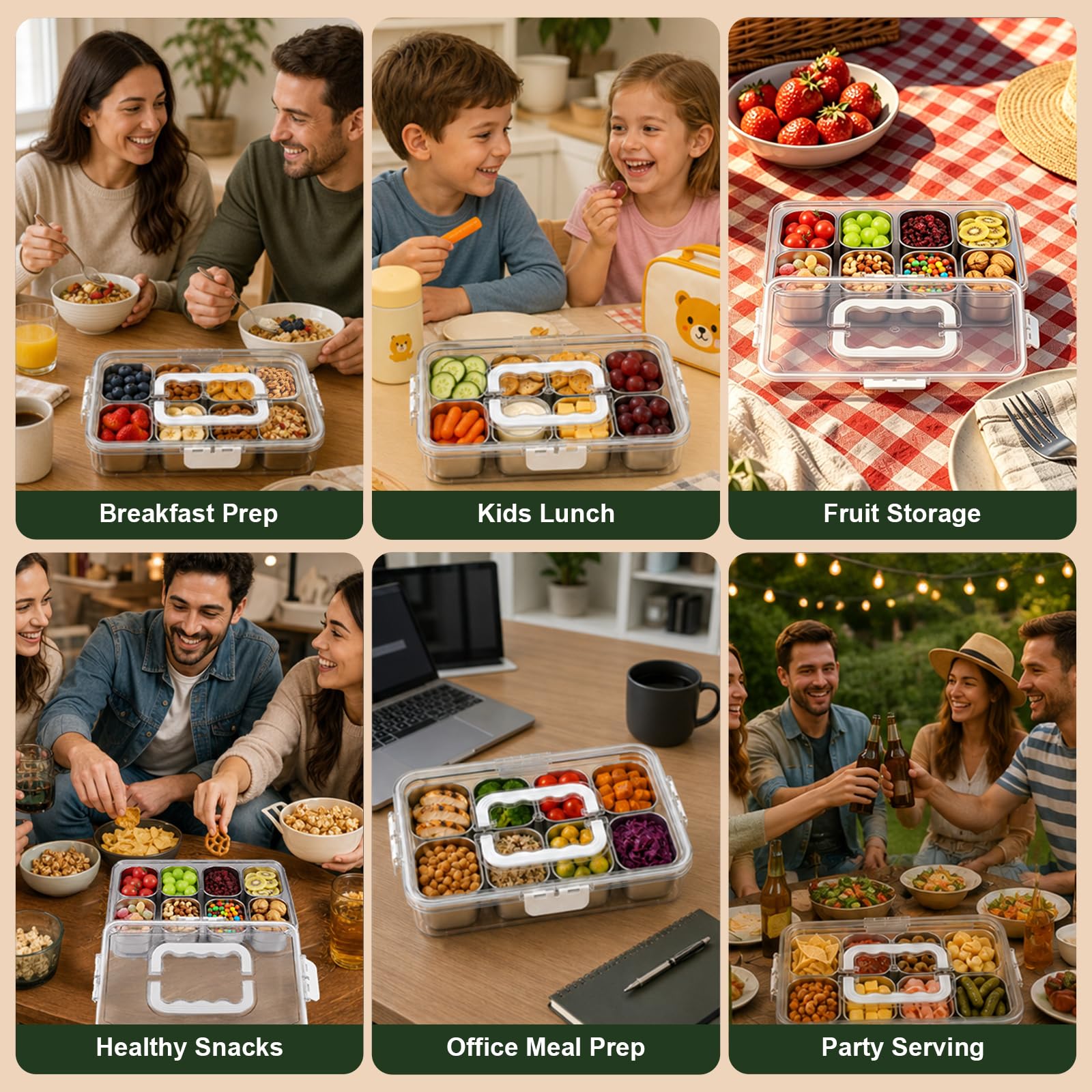 Qingning Stainless Steel Snack Box with 8 Compartments | Snack Box, Divided Serving Tray with Lid, Transparent Snack Plate for Fruits, Nuts, Sweets, Spices