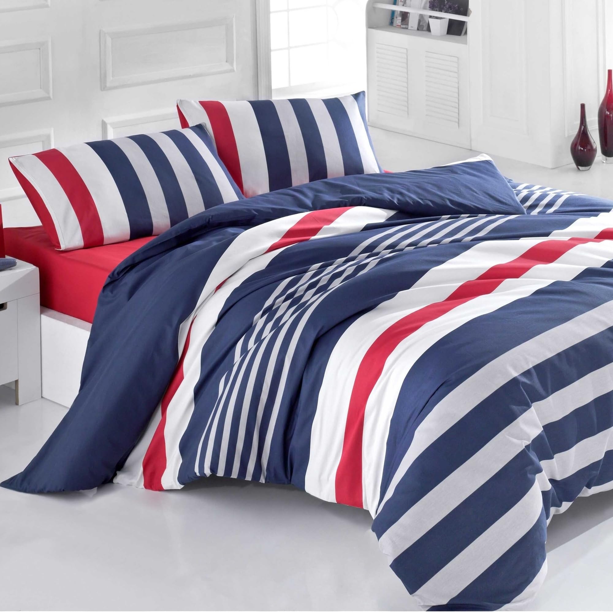 WELL HOME MOBILIARIO & DECORACIÓN Duvet Cover Set + 2 Pillowcases 240 x 220 cm Dark Blue Grey White Red - Image 2