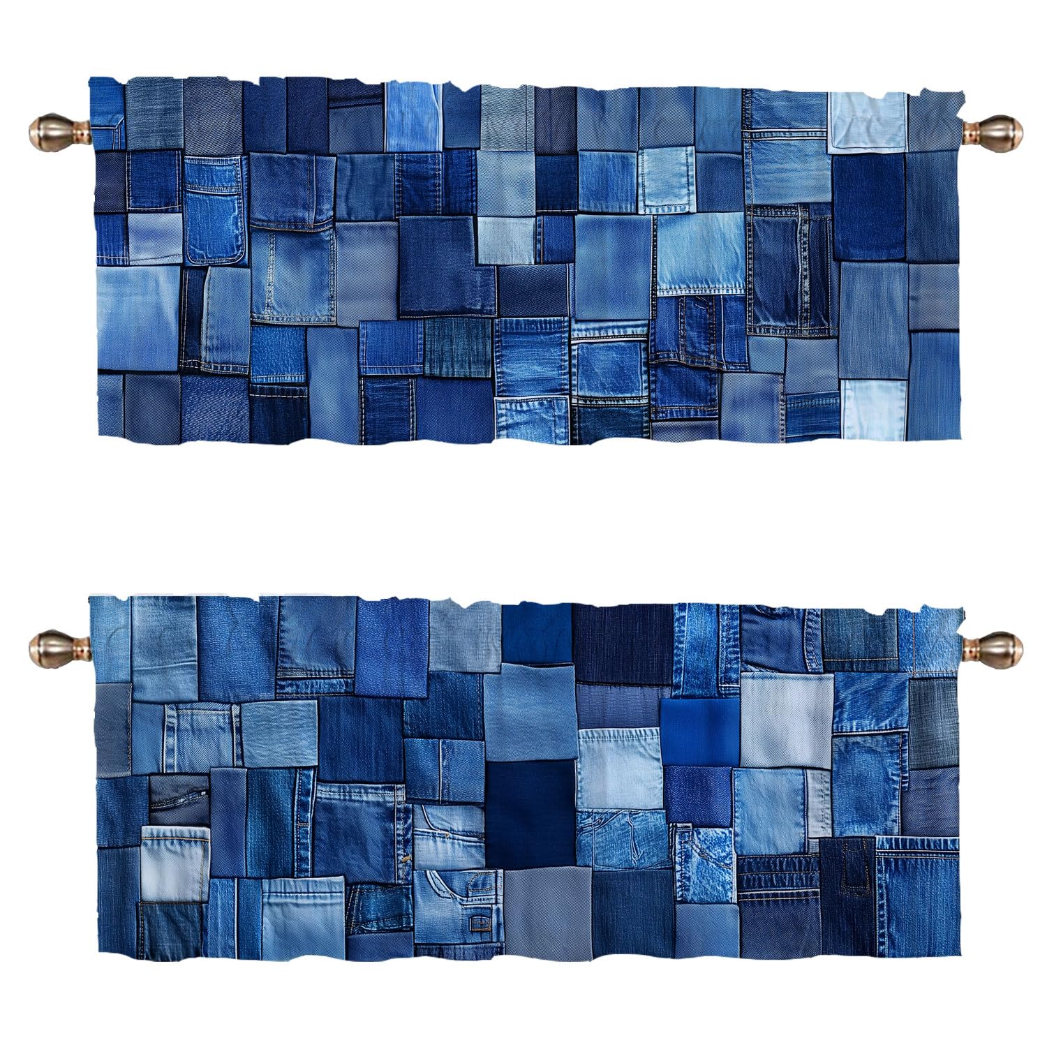 CAIJXIONG Denim Patchwork Kitchen Curtain Valance 2 Pack Abstract Blue Textures Window Valance for Living Room Bathroom Bedroom Window Treatment