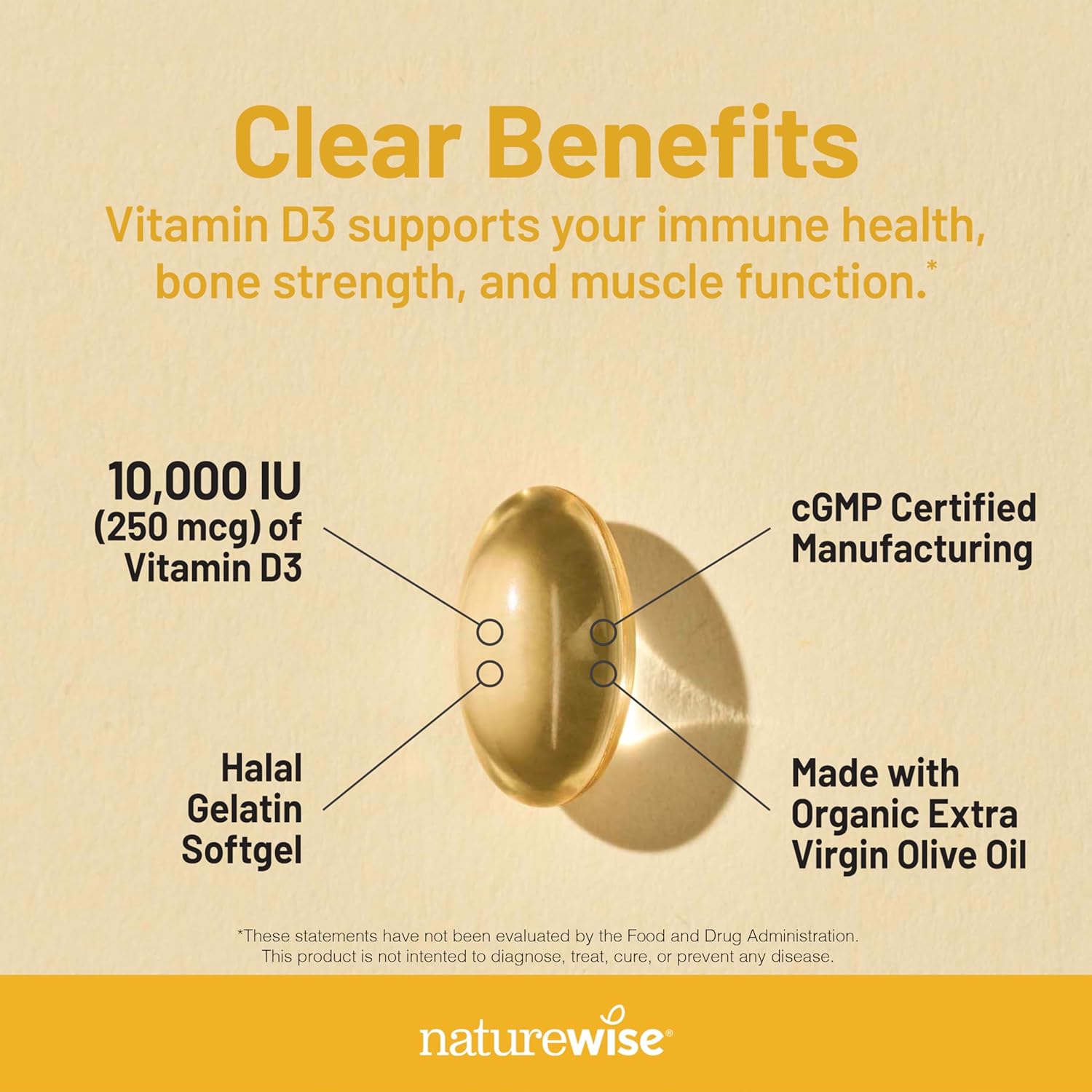 NatureWise Vitamin D3 10,000IU (250 mcg) 30-Day Supply - High Potency for Healthy Immune Support & Muscle Function, Non-GMO, Gluten-Free in Organic Extra Virgin Olive Oil, (Mini Softgel), 30 Count - Image 3