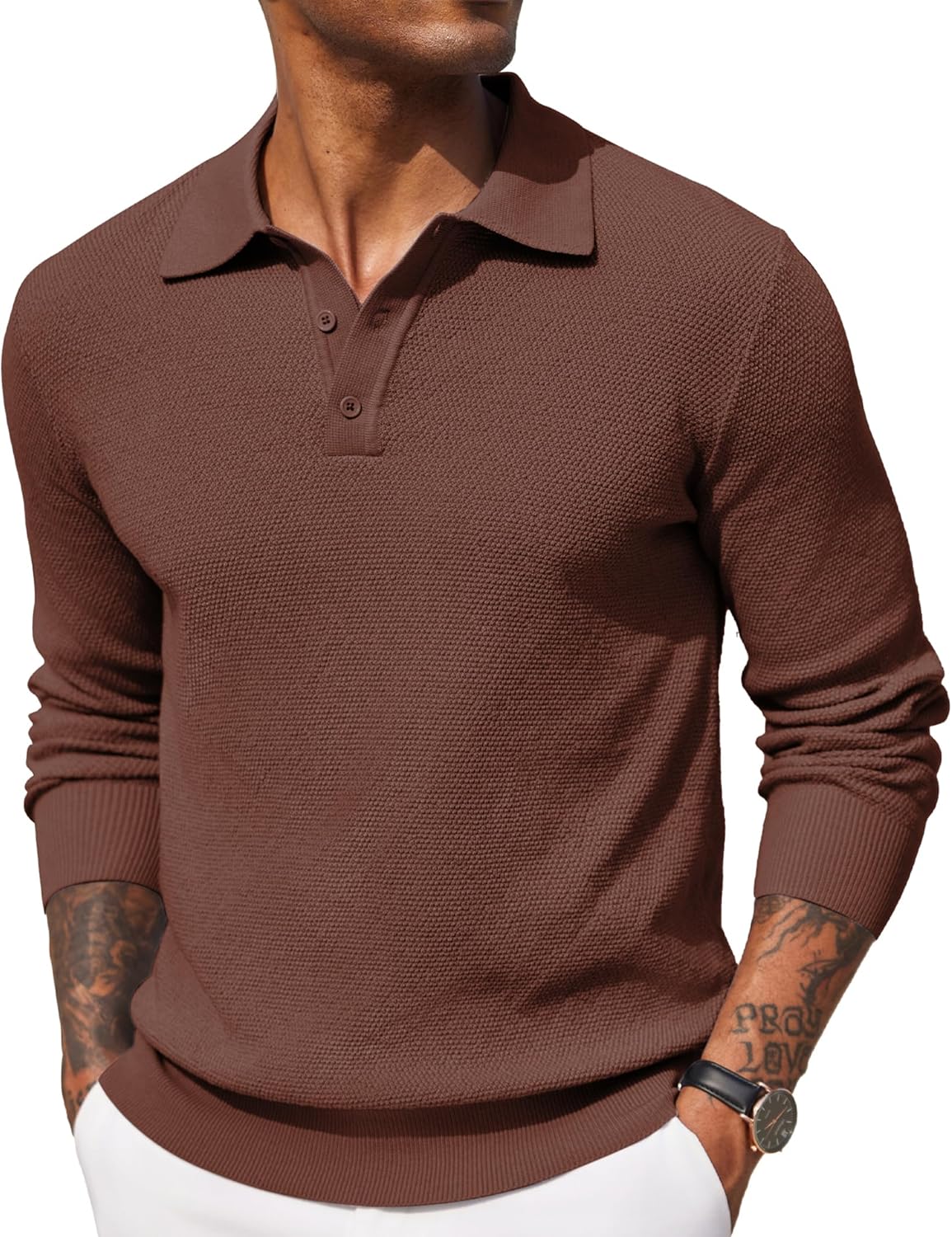 COOFANDY Mens Knit Polo Shirts Long Sleeve Casual Polo Sweaters Shirt Waffle Textured Collared Sweater